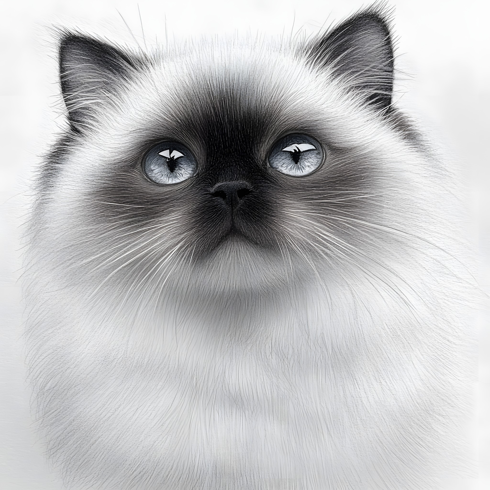 Cat, White, Vertebrate, Felinae, Facial expression, Felidae, Siamese cat, Snout, Whiskers, Birman, Carnivores, Grey, Ragdoll, Balinese cat, Fur, Black and white, Thai cat, Persian cat, Tonkinese cat, Himalayan cat