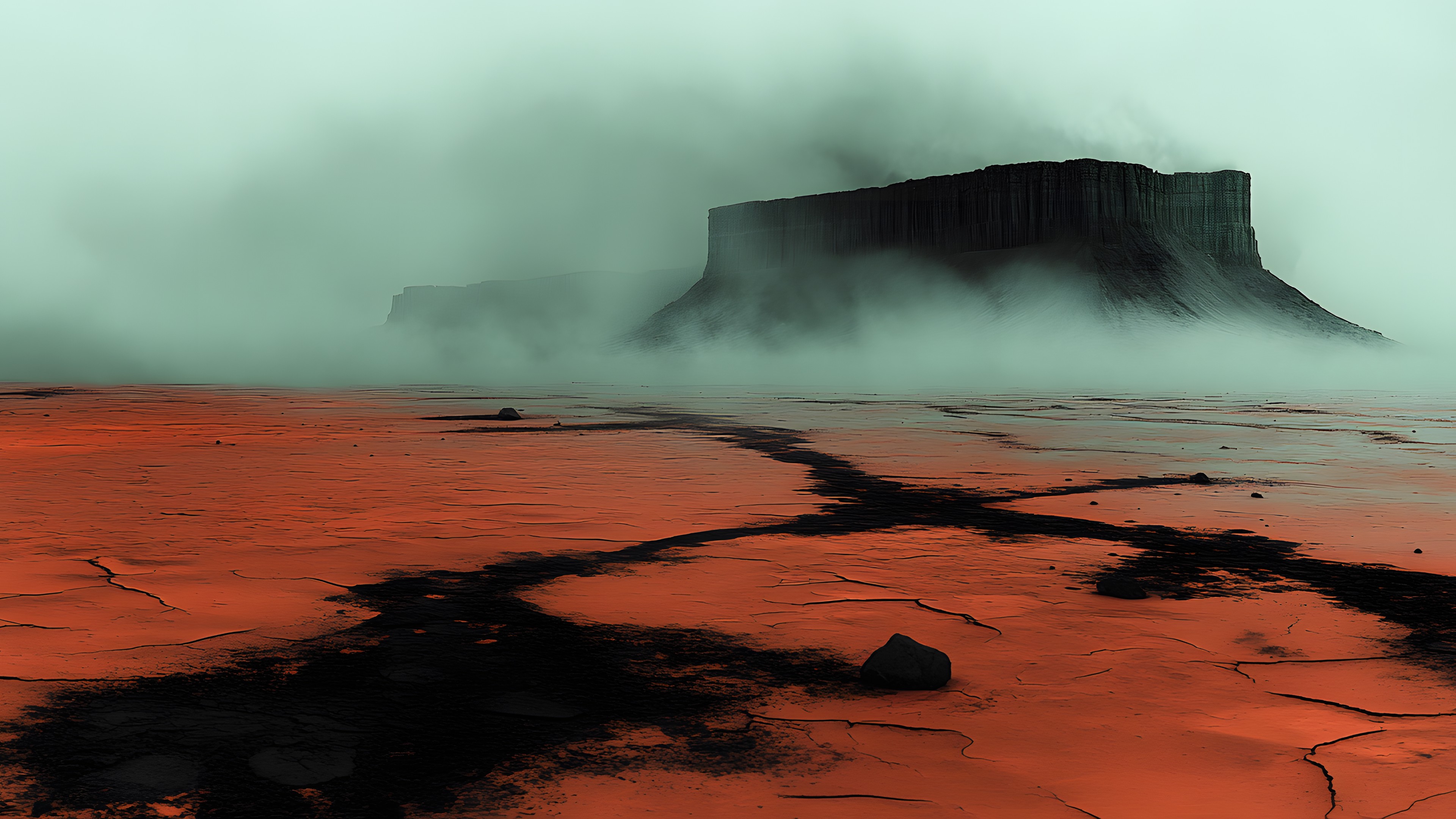 Rock, atmospheric phenomenon, Ecoregion, Terrain, geological phenomenon, Geological formation, Geology, Plateau, Outcrop, Butte, Badlands, Evening, Tundra, Mist, Aeolian landform, Fog