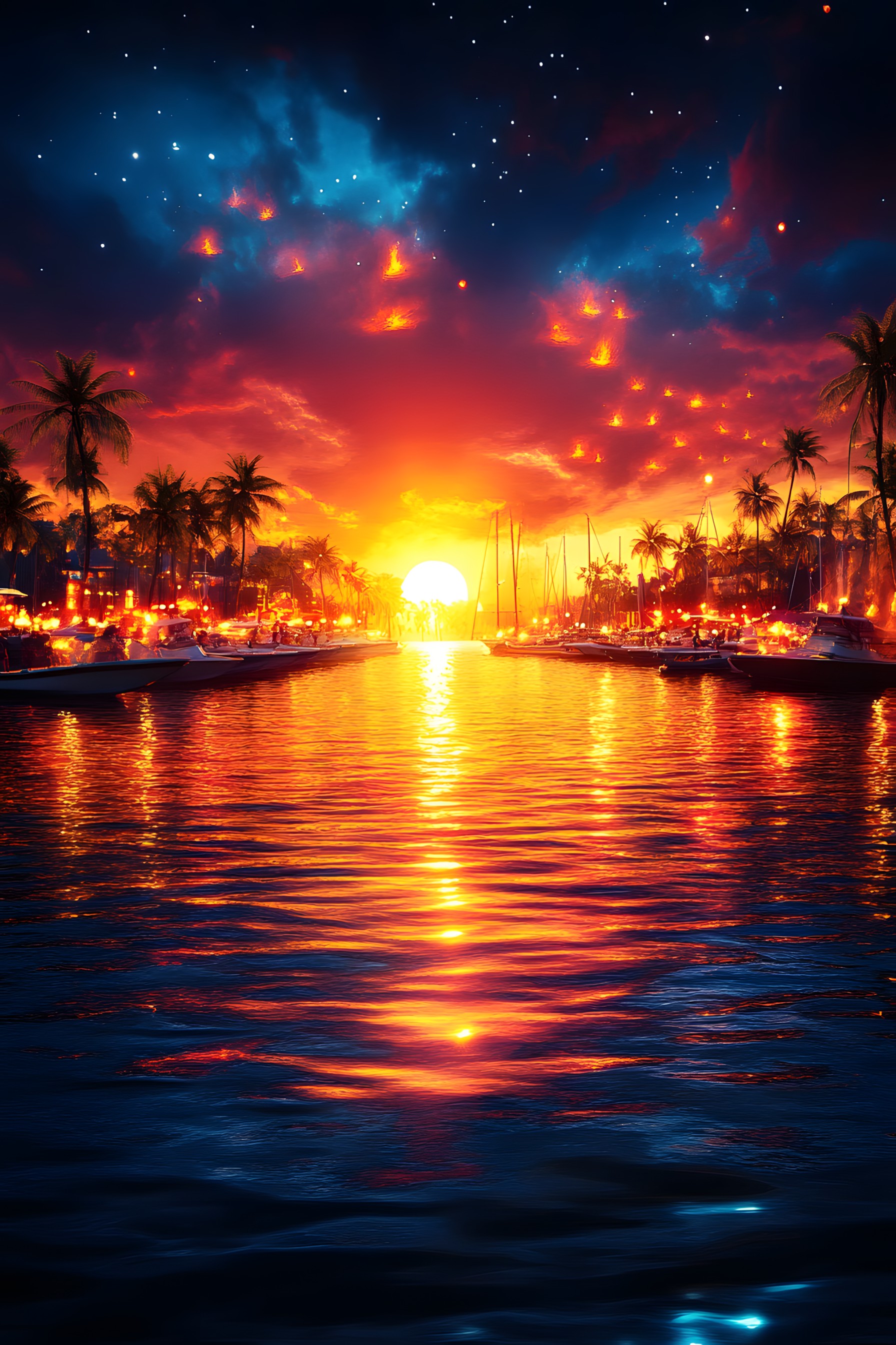 Blue, Afterglow, Sunset, Orange, Dusk, Sunrise, Horizon, Cloud, Red sky at morning, Reflection, Sea, Evening, Ocean, Sunlight, Palm trees, Astronomical object, Tropics, Meteorological phenomenon, Dawn, Sun