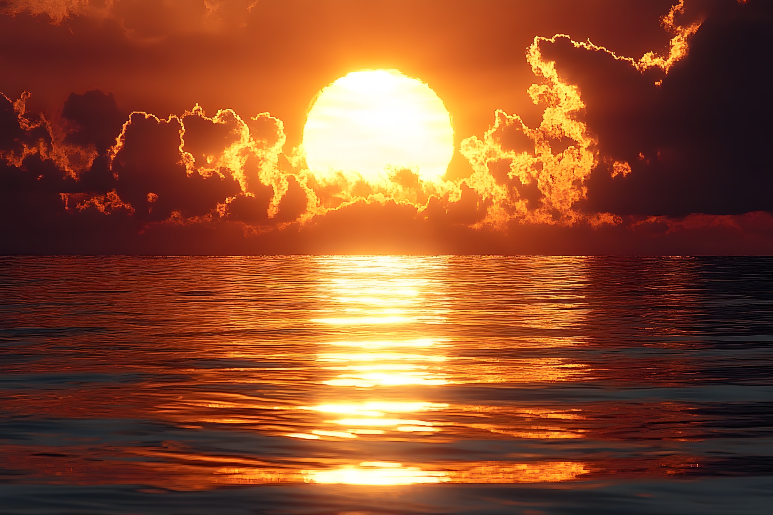 Sun, Sunset, Horizon, Nature, Afterglow, Orange, Yellow, Astronomical object, Sunrise, Fluid, Cloud, Dusk, atmospheric phenomenon, Sea, Liquid, Sunlight, Evening, Ocean, Reflection, Morning