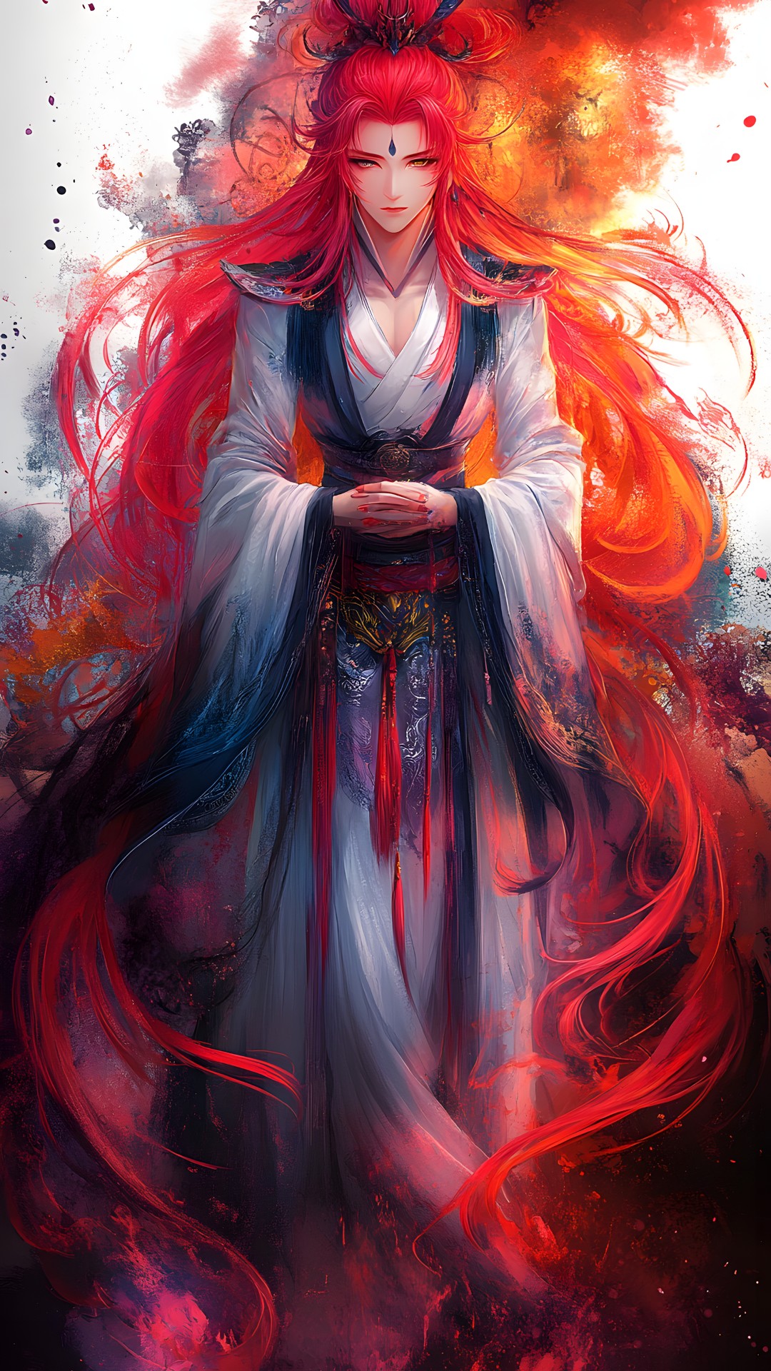 Red, Fictional character, Cartoon, CG artwork, Costume, Anime, Long hair, Animation, Red hair, Fiction, Costume design, Cloak, Graphics, Animated cartoon, Mythology