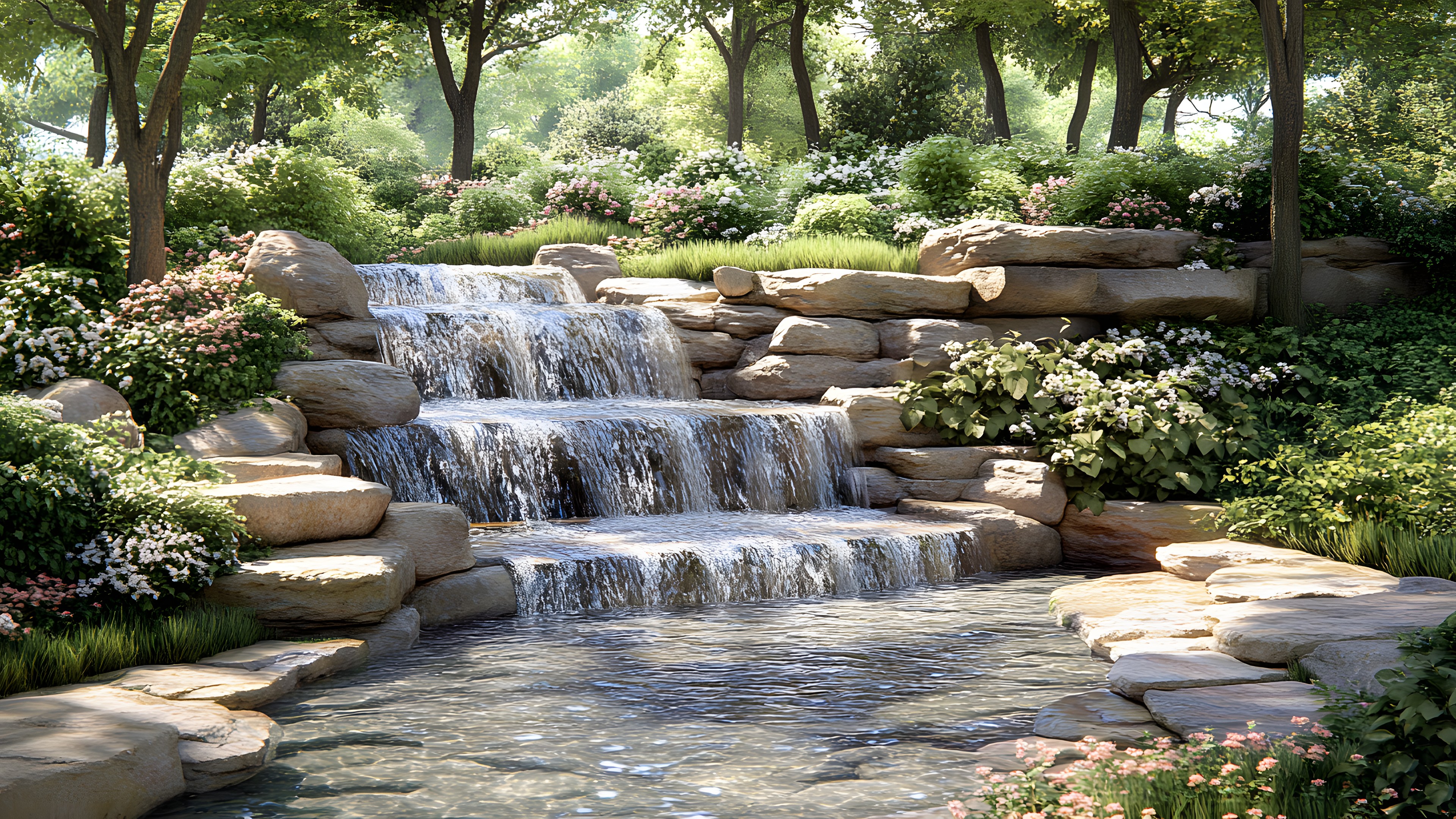 Plant, Water, Natural landscape, Fluvial landforms of streams, Watercourse, Grass, Tree, Groundcover, Shrub, Landscape, Bedrock, Water feature, Stream, Font, Waterfall, Riparian zone, Landscaping, Flagstone, Creek, Spring