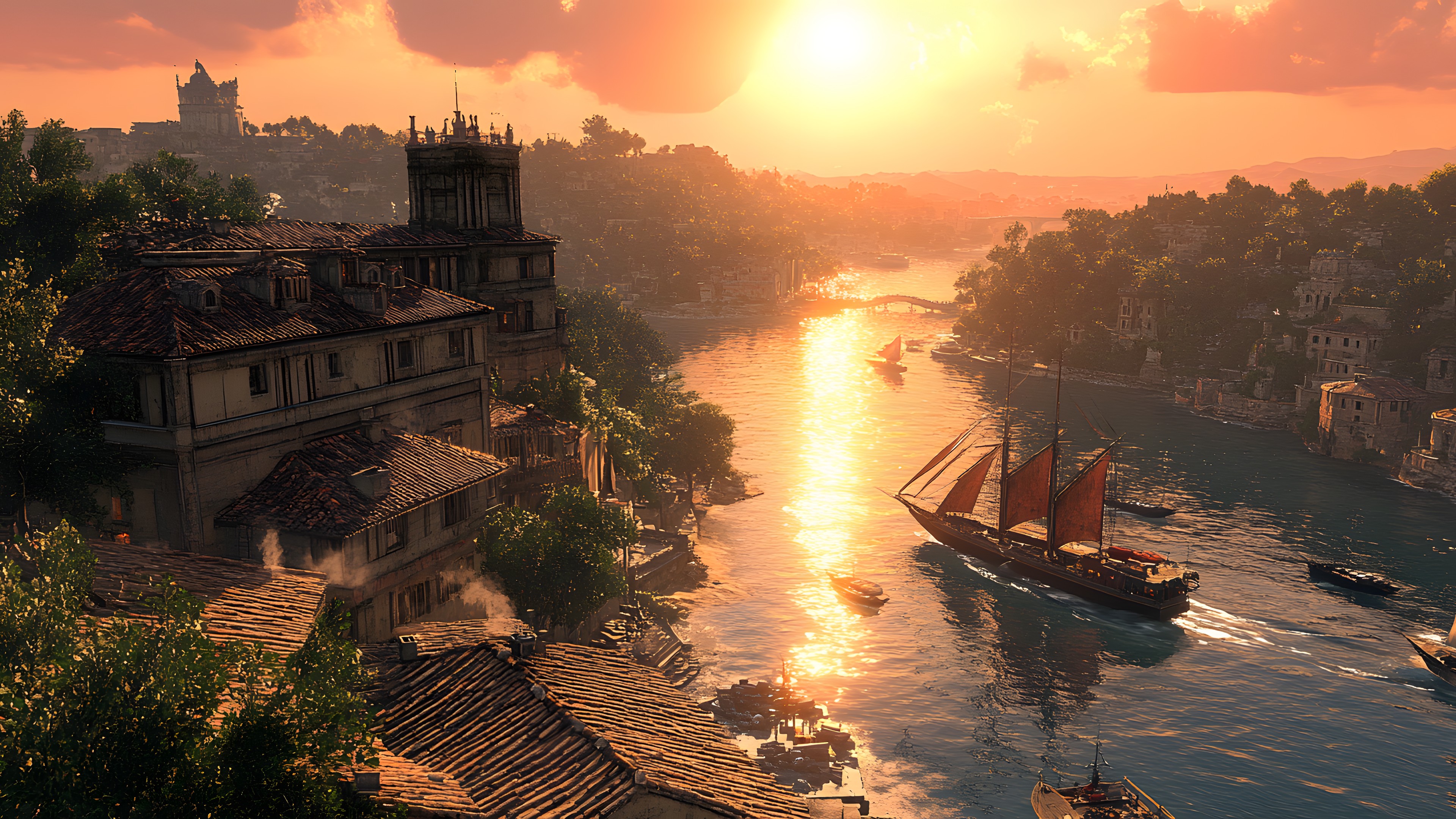 Dusk, Sunrise, Sunset, Cloud, Evening, Watercraft, River, Afterglow, Boat, Dawn, Sun, Red sky at morning, PC game, Reflection, Boating, Astronomical object, Lens flare, Boats and boating--Equipment and supplies