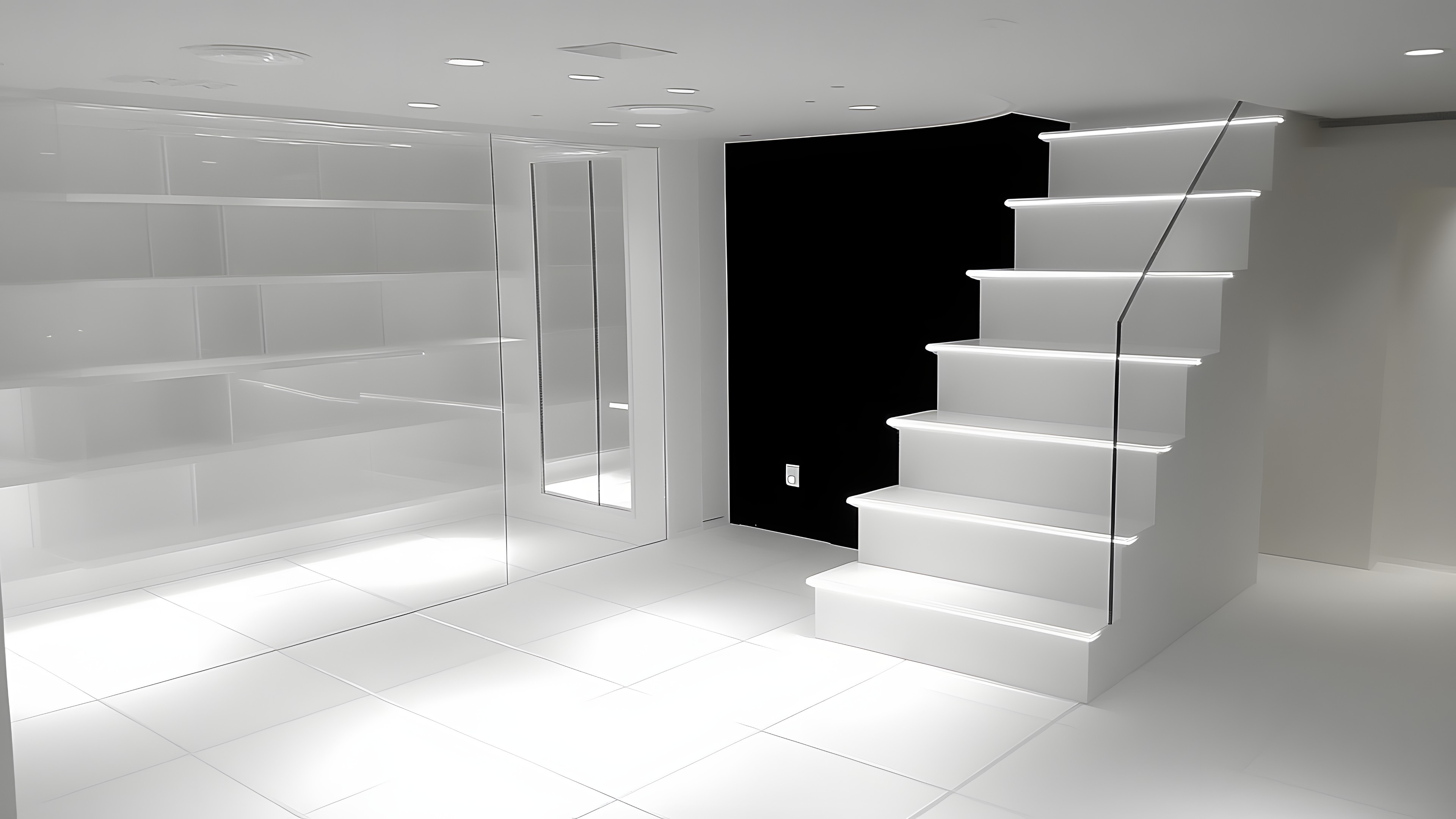 Flooring, Floor, Interior design, Shelving, Stairs, Grey, Ceiling, Shelf, Silver, Design, Basement, Handrail, Tile