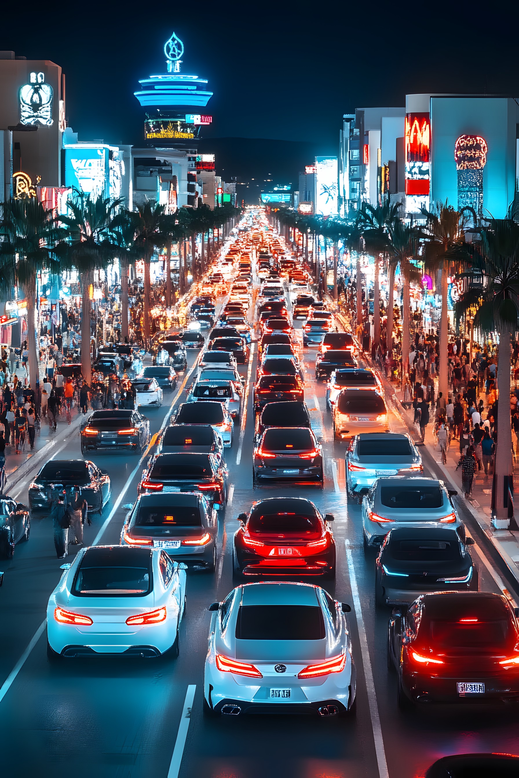 Urban area, Metropolitan area, City, Car, Night, Metropolis, Traffic, Highway, Traffic congestion, Controlled-access highway, Electricity, Midnight, Luxury vehicle, Full-size car, Compact car, Neon, Street light, Road trip, City car, Automotive Tail & Brake Light