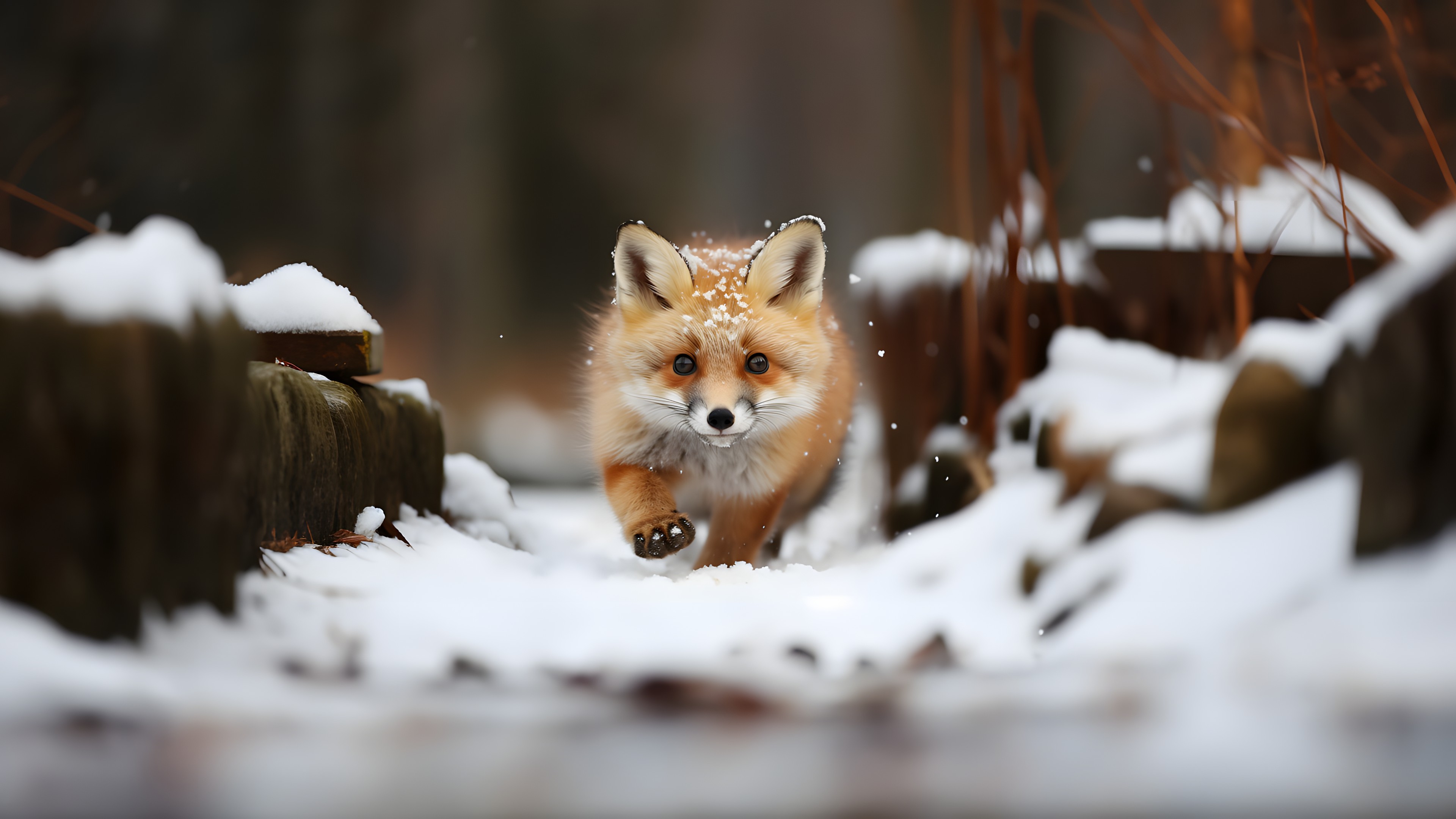 Dog, Snow, Carnivore, Wood, Dog breed, Fawn, Whiskers, Companion dog, Freezing, Snout, Terrestrial animal, Twig, Spitz, Tree, Tail, Fur, Winter, Canidae