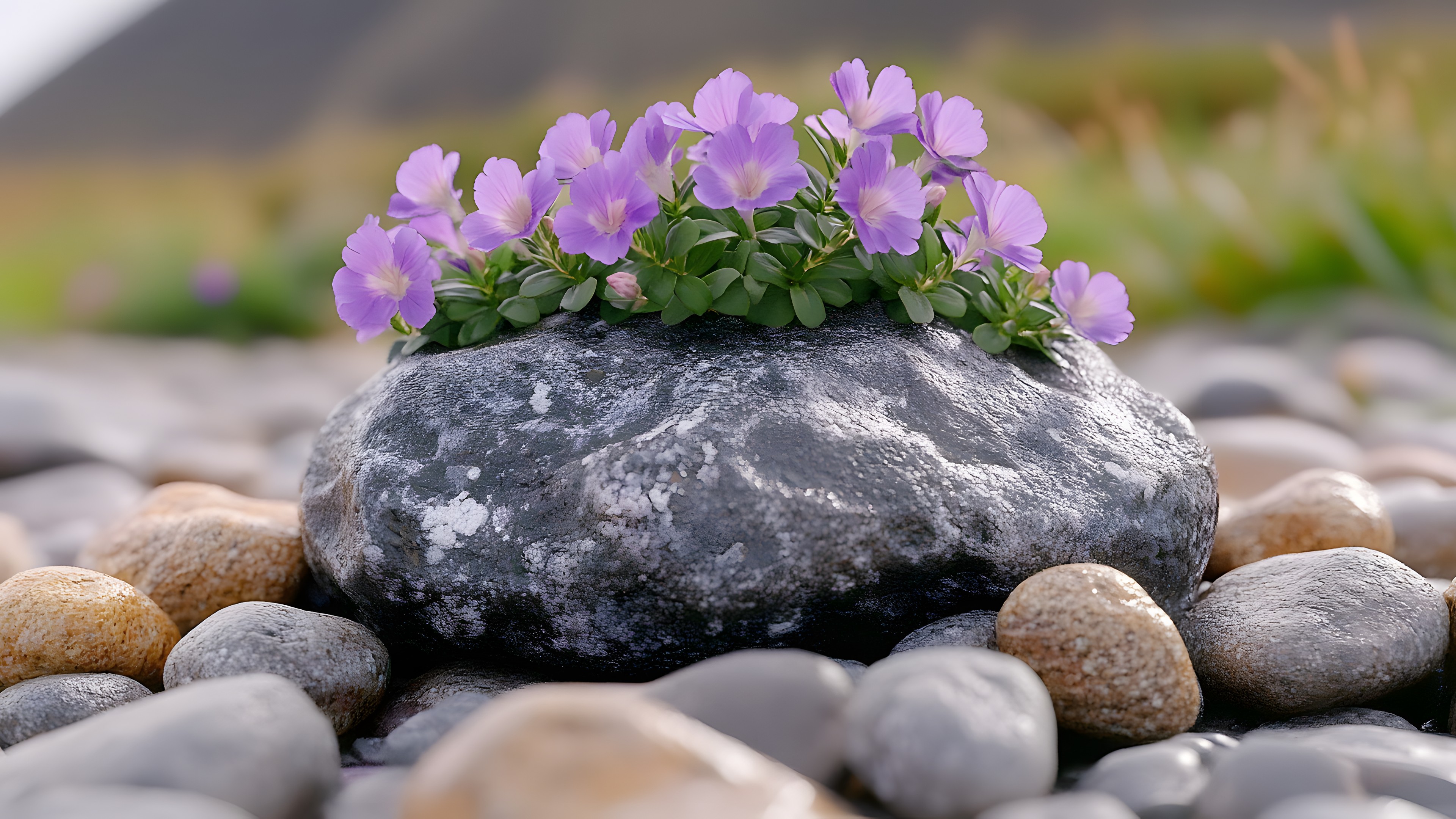 Rock, Petal, Pebble, Purple, Herbaceous plant, Violet, Gravel, Wildflower, Violaceae, Perennial plant, Primrose, Bellflower family, Bellflowers, Wood sorrels, Crocus, Borages, Herb, Touch-me-not, Dicotyledon, Geraniales