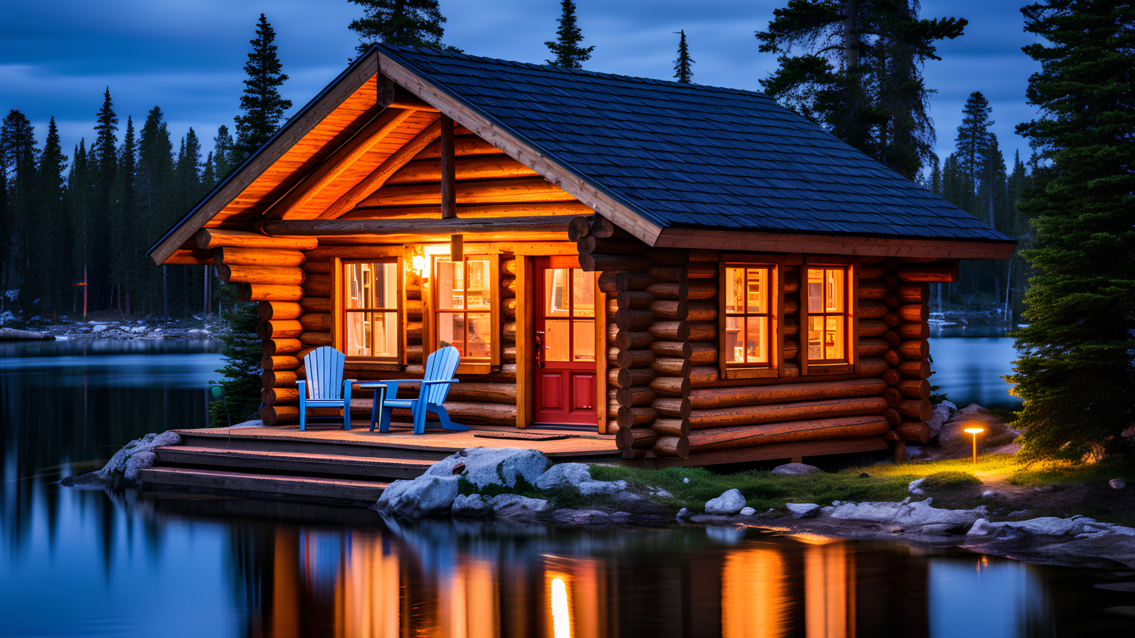 Water, Building, Property, Sky, Plant, Window, Light, Nature, Natural landscape, Tree, House, Lighting, Architecture, Wood, Lake, Cottage, Siding, Landscape, Real estate, Leisure