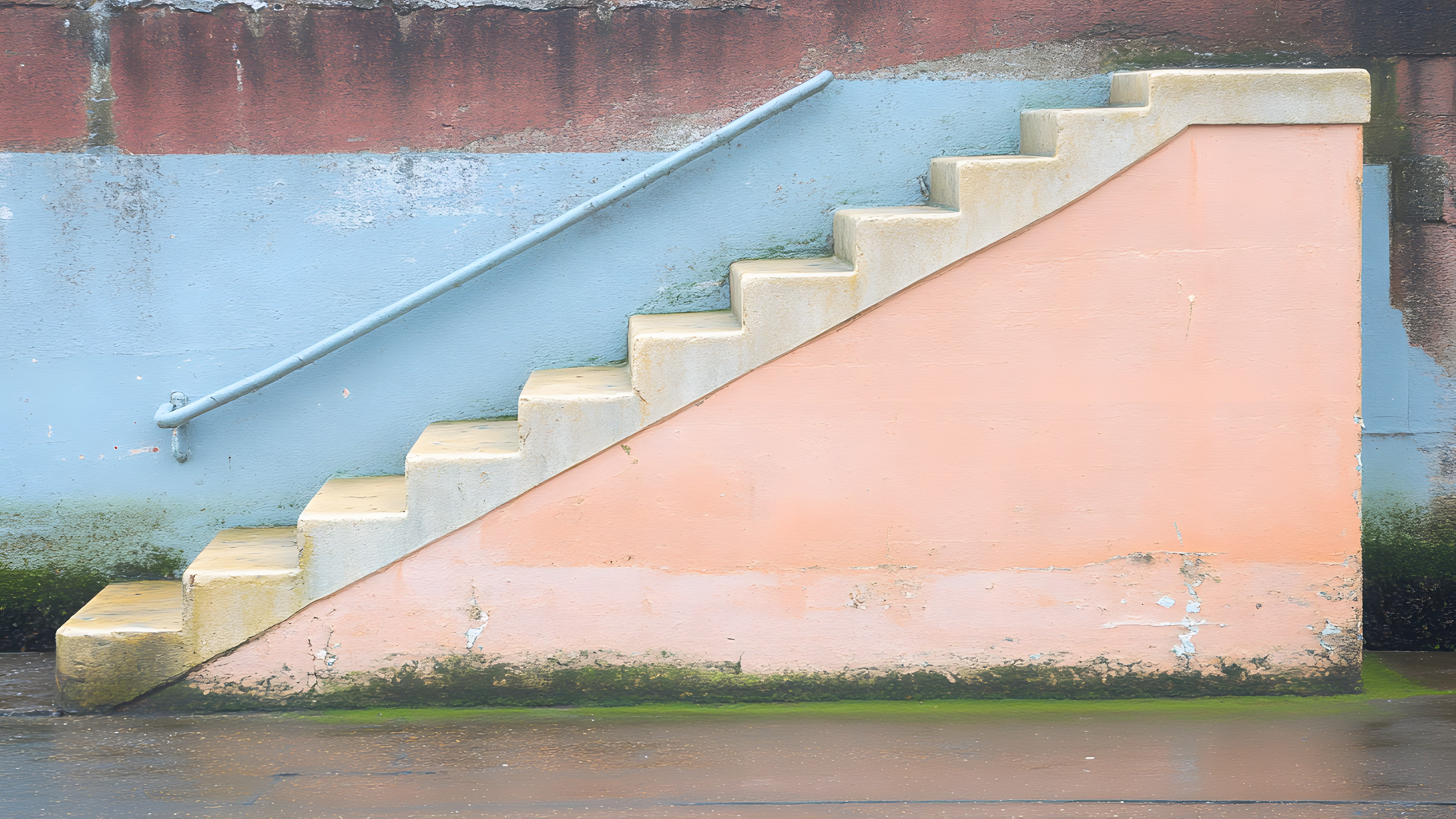 Stairs, Orange, Composite material, Handrail, Paint, Concrete, Building material, Still life photography, Shadow, Plaster