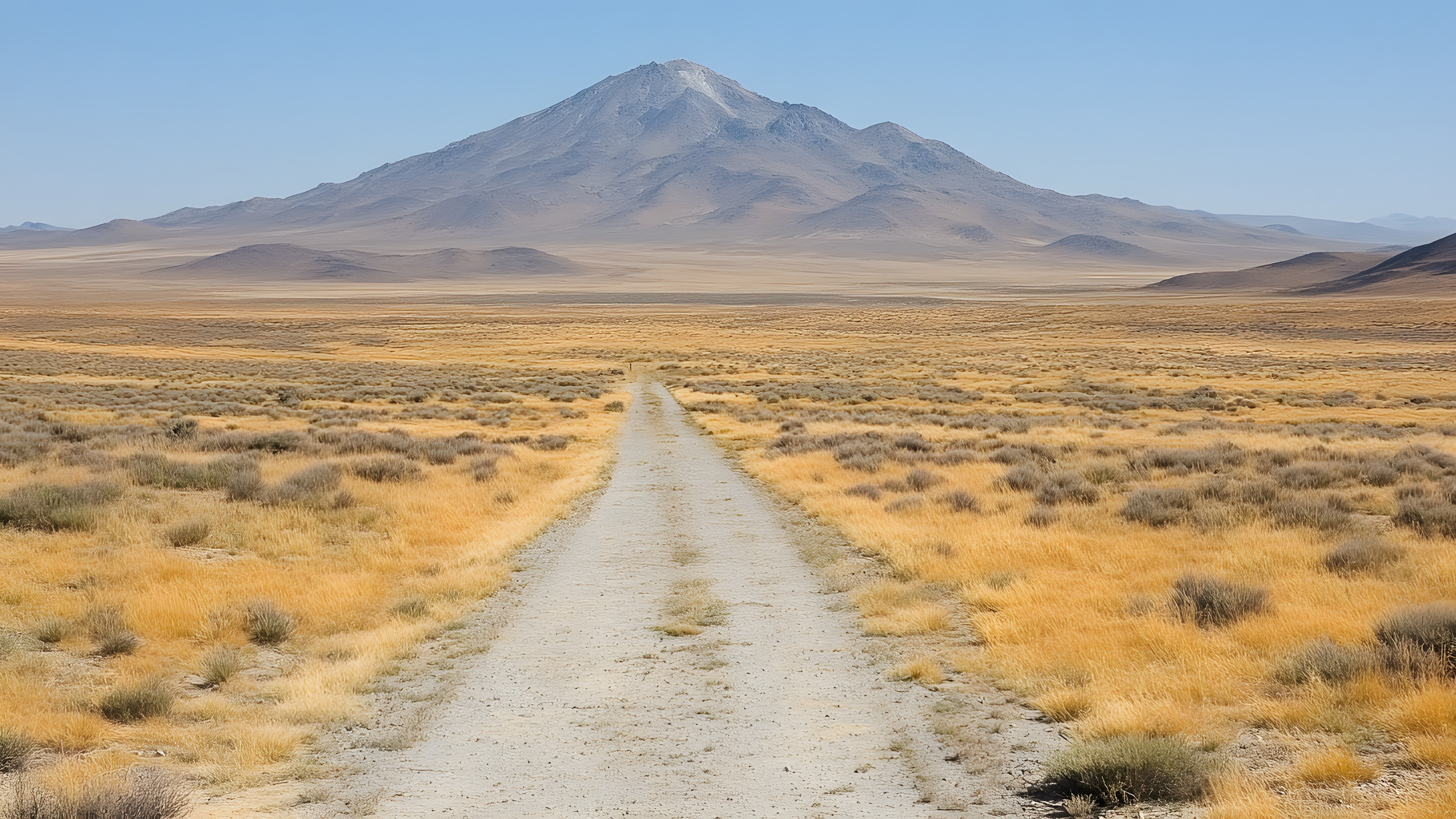 Sky, Ecoregion, Plant, Mountain, Natural landscape, Horizon, Landscape, Grassland, Plain, Aeolian landform, Road, Prairie, Plateau, Road surface, Soil, Dirt road, Hill, Sand, Steppe, Badlands