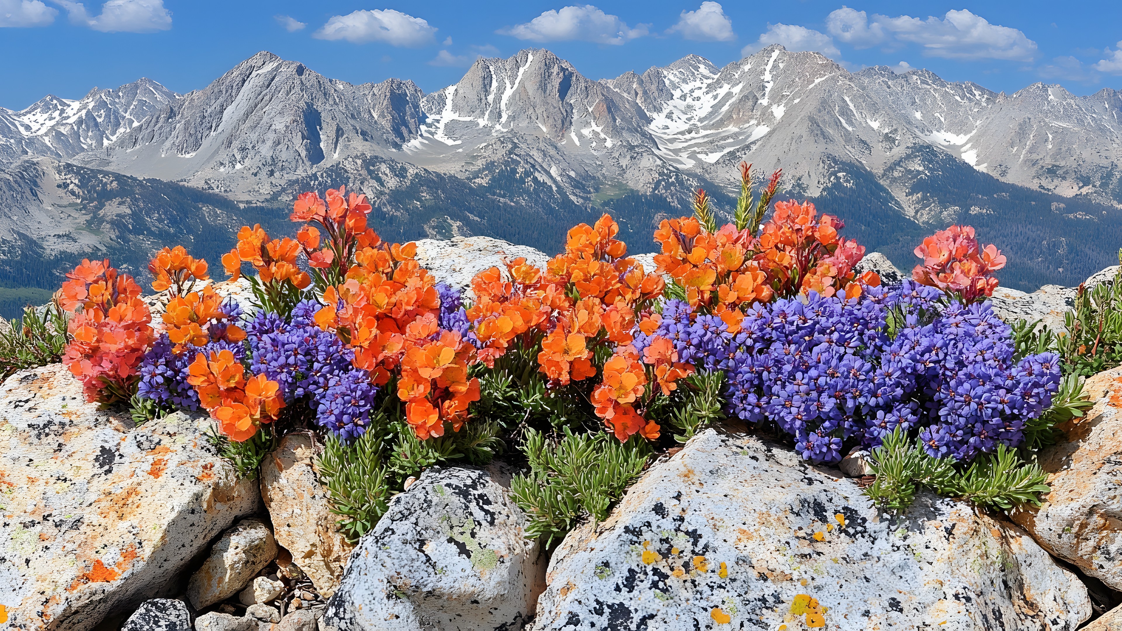 Flower, Mountain range, Wildflower, Flowering plant, Alps, Ridge, Glacial landform, Herbaceous plant, Valley, Tundra, Summit, Winter, Massif, Perennial plant, Borages, Indian paintbrush, Bellflowers, Glacier, Lobelias, Lupine