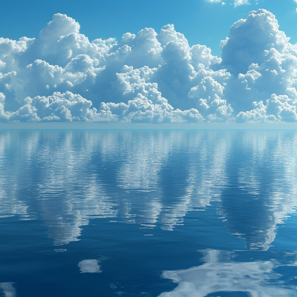 Sky, Blue, Cloud, Daytime, Cumulus, Fluid, Horizon, Sea, Liquid, Ocean, Meteorological phenomenon, Sunlight, Reflection, Wind, Wind wave, Wave