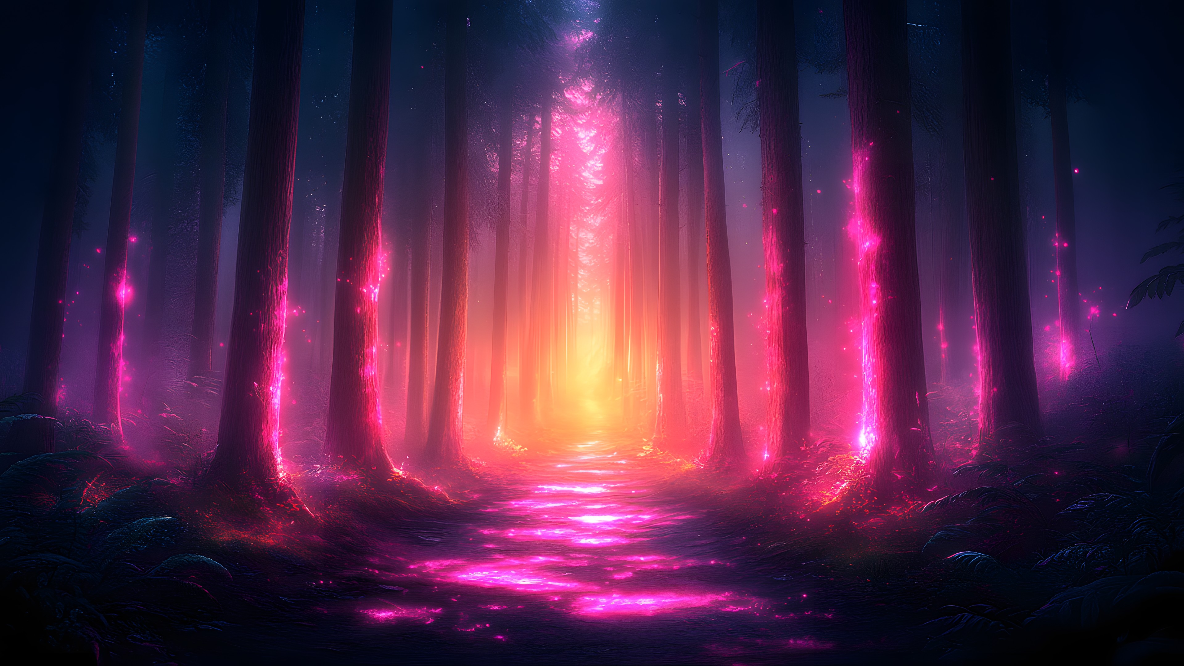 Red, atmospheric phenomenon, Forest, Lens flare, Aurora, Old-growth forest, Woodland, Night, Sunrise, Evening, Heat, Mist, Fractal art, Spruce-fir forests