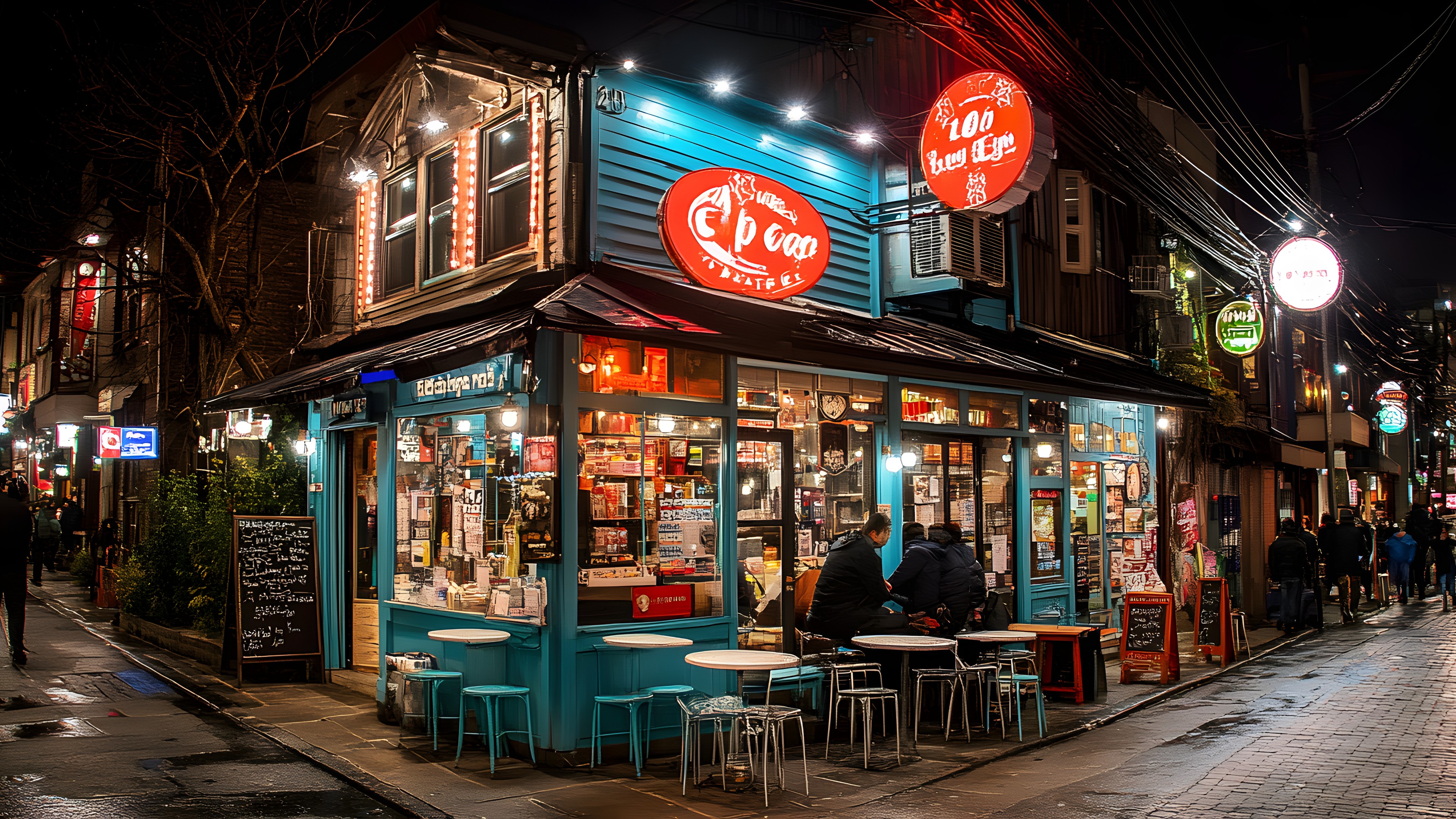 Window, Neighbourhood, Table, City, Facade, Retail, Electricity, Mixed-use, Building, Road, Sidewalk, Metropolis, Electronic signage, Midnight, Market, Pedestrian, Street, Neon, Downtown, Signage