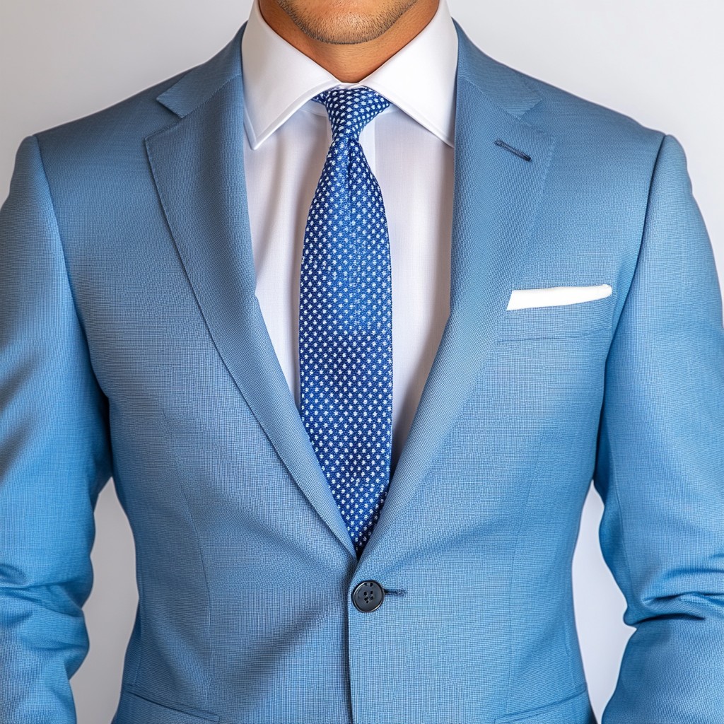 Blue, Collar, Formal wear, Blazer, Dress shirt, Button, White-collar worker, Necktie, Pocket, Suit trousers, Silk, Tuxedo