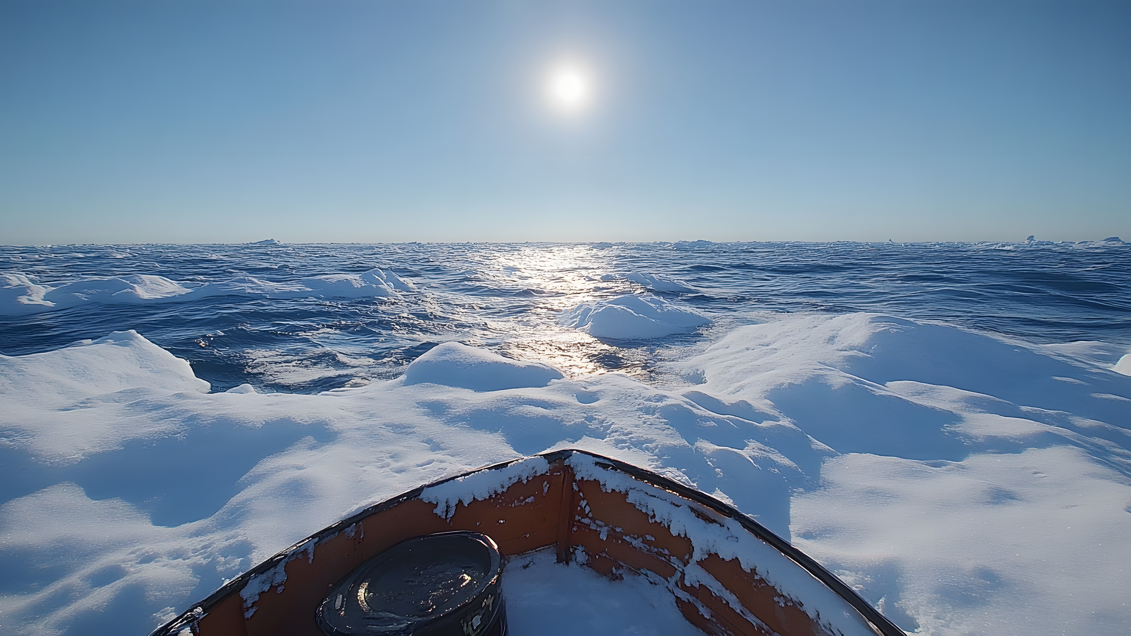 Horizon, Sea, Ocean, Boat, Watercraft, Ice cap, Arctic, Sea ice, Ice, Winter, Snow, Polar ice cap, Wind wave, Wave, Freezing, Arctic Ocean, Sun, Glacier, Sunrise, Dusk