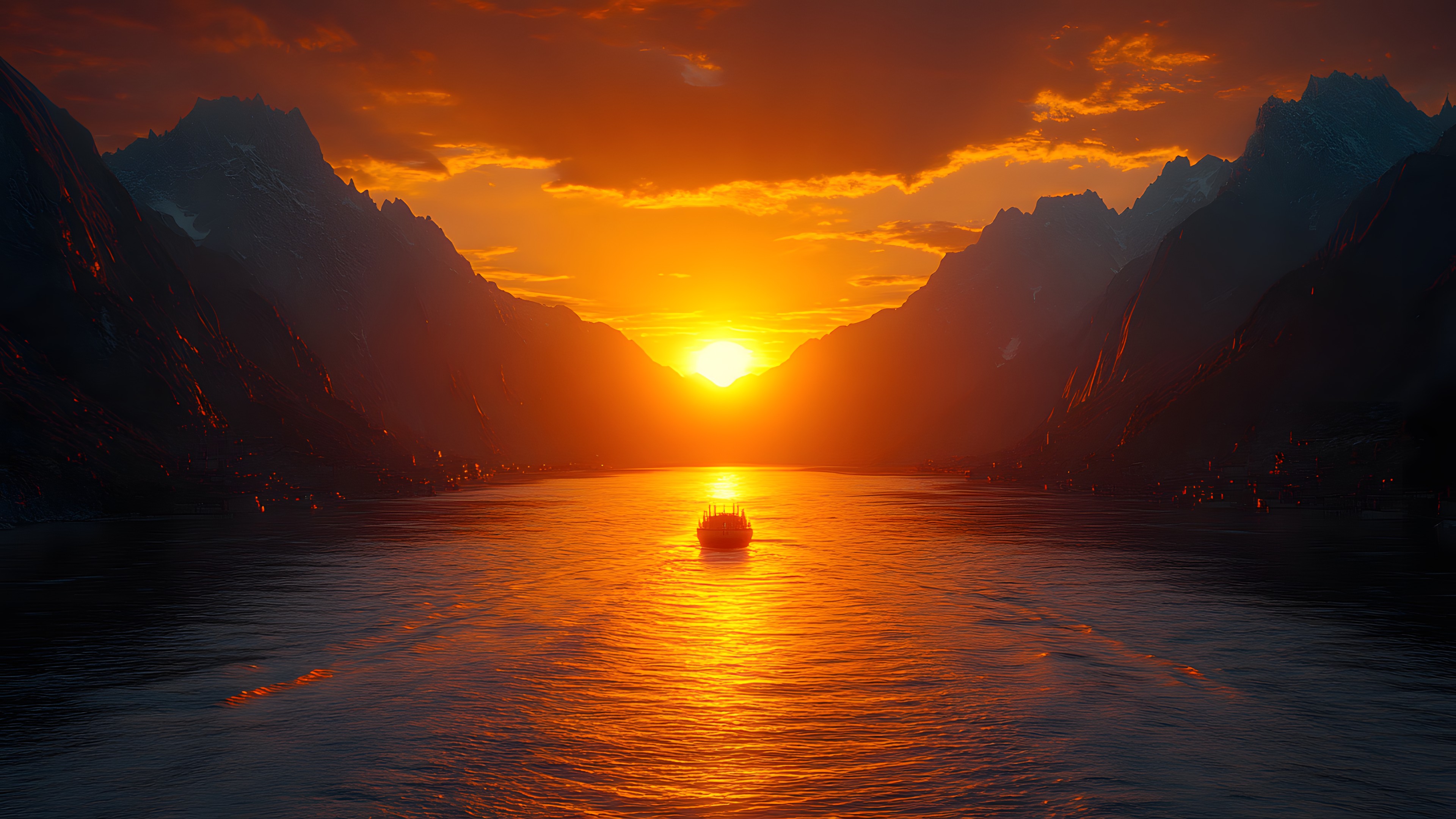 Water, Sky, Mountain, Afterglow, Cloud, Amber, Nature, Sunset, Natural landscape, Dusk, Sunrise, Boat, Orange, Body of water, Highland, Sunlight, Red sky at morning, Horizon, Astronomical object, Morning