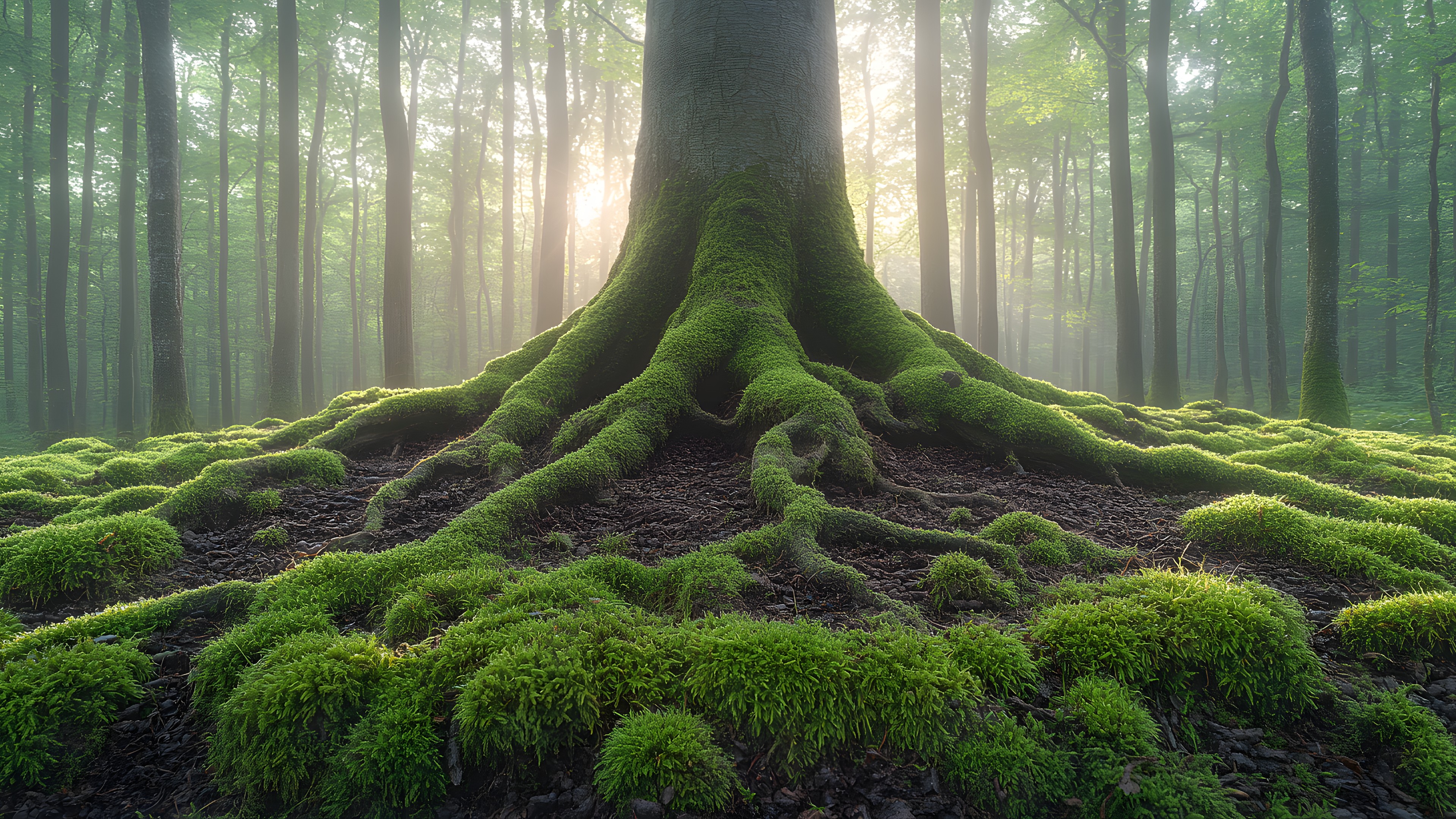 Green, Nature, Natural environment, Wood, Vegetation, Natural landscape, Forest, Trunk, Plant community, Wilderness, Jungle, Bryophyte, Old-growth forest, Woody plant, Moss, Nature reserve, Northern hardwood forest, Woodland, Sunlight, Temperate broadleaf and mixed forest