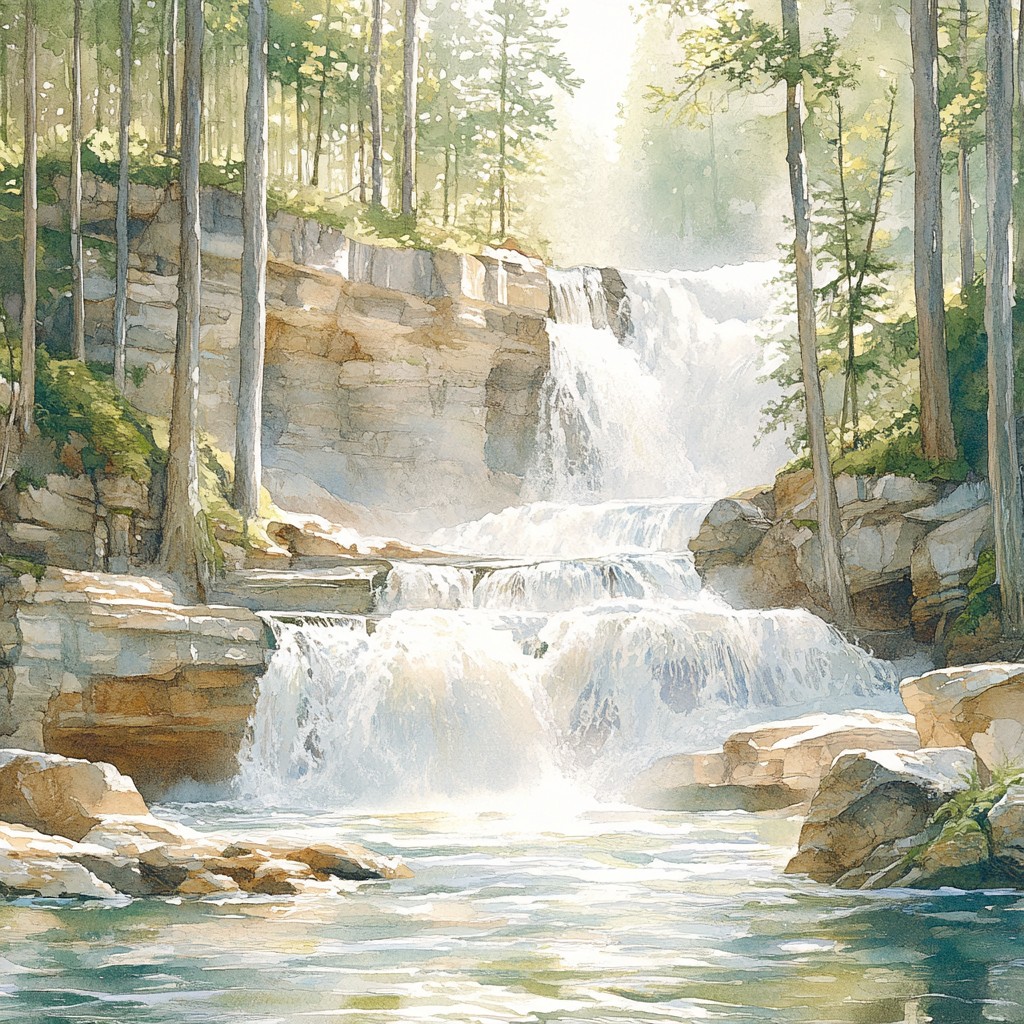 Water, Water resources, Body of water, Stream, Waterfall, Natural landscape, Watercourse, Mountain river, Fluvial landforms of streams, River, Creek, Painting, Water feature, Rapids, Watercolor painting, Spring, Paint, Riparian zone, Modern art, Art Paint