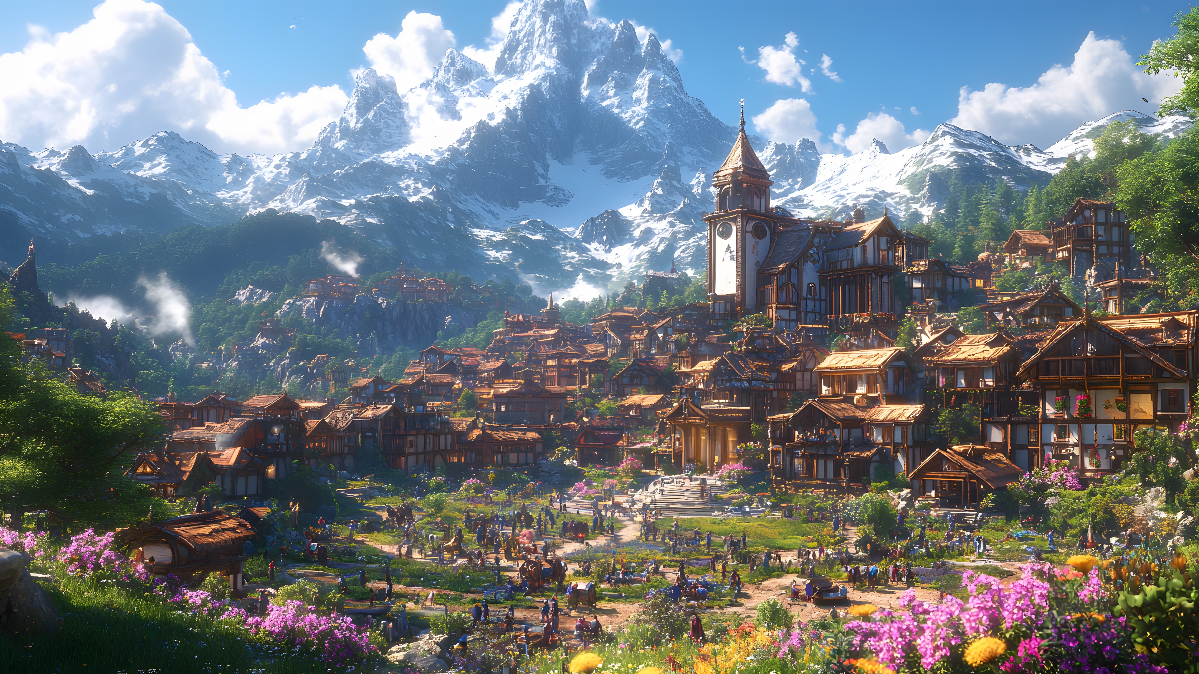 Mountainous landforms, Hill, Highland, Cloud, Mountain range, Valley, Game, Hill station, Tourist attraction, Village, Mountain Village, PC game, Alps, Video Game Software, Strategy video game, Animation, Meteorological phenomenon, Castle, Panorama, Middle Ages