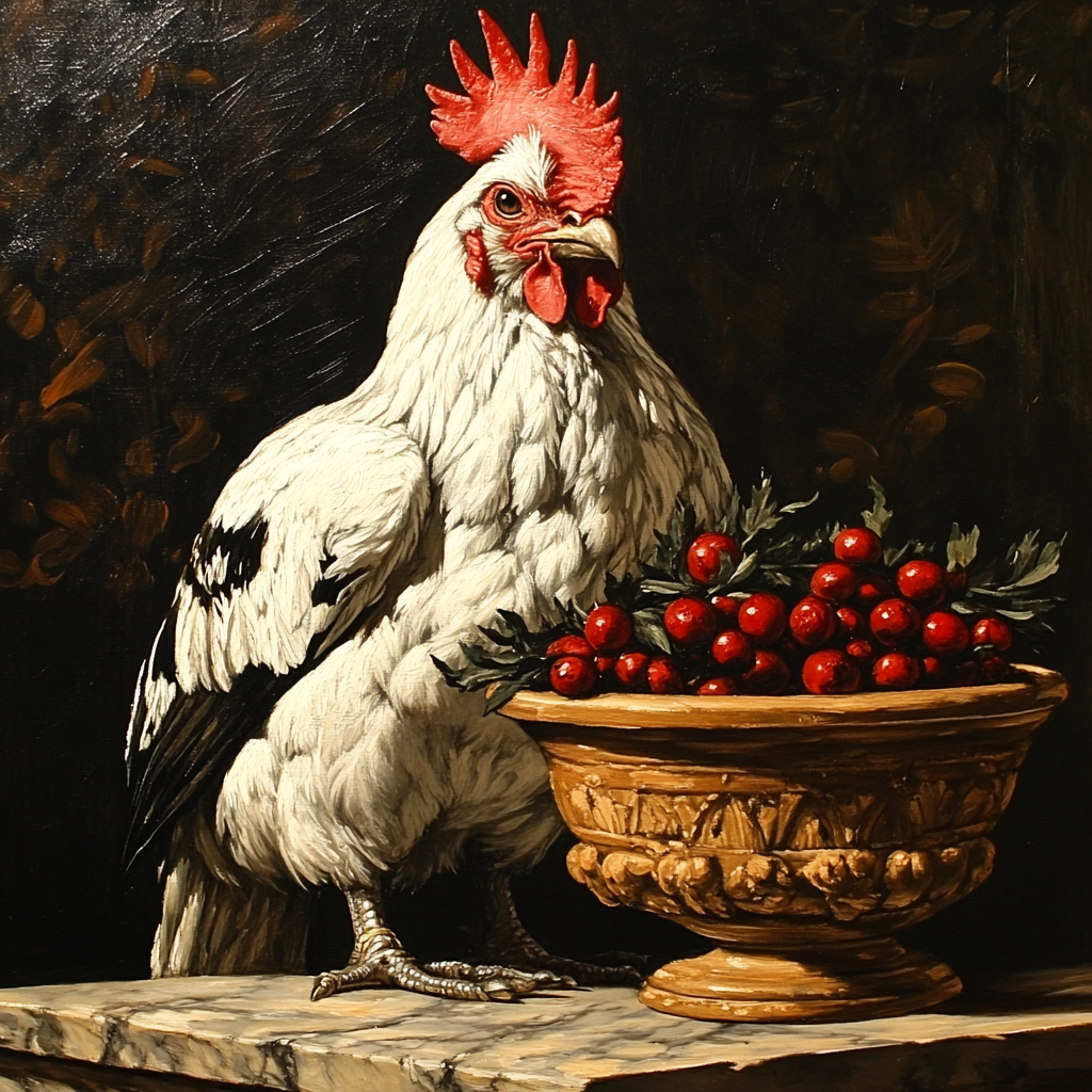 Bird, Phasianidae, Chicken, Landfowl, Painting, Comb, Beak, Rooster, Fruit, Food, Still life, Produce, Poultry, Serveware, Feather, Fowl, Still life photography, Livestock, Paint, Modern art