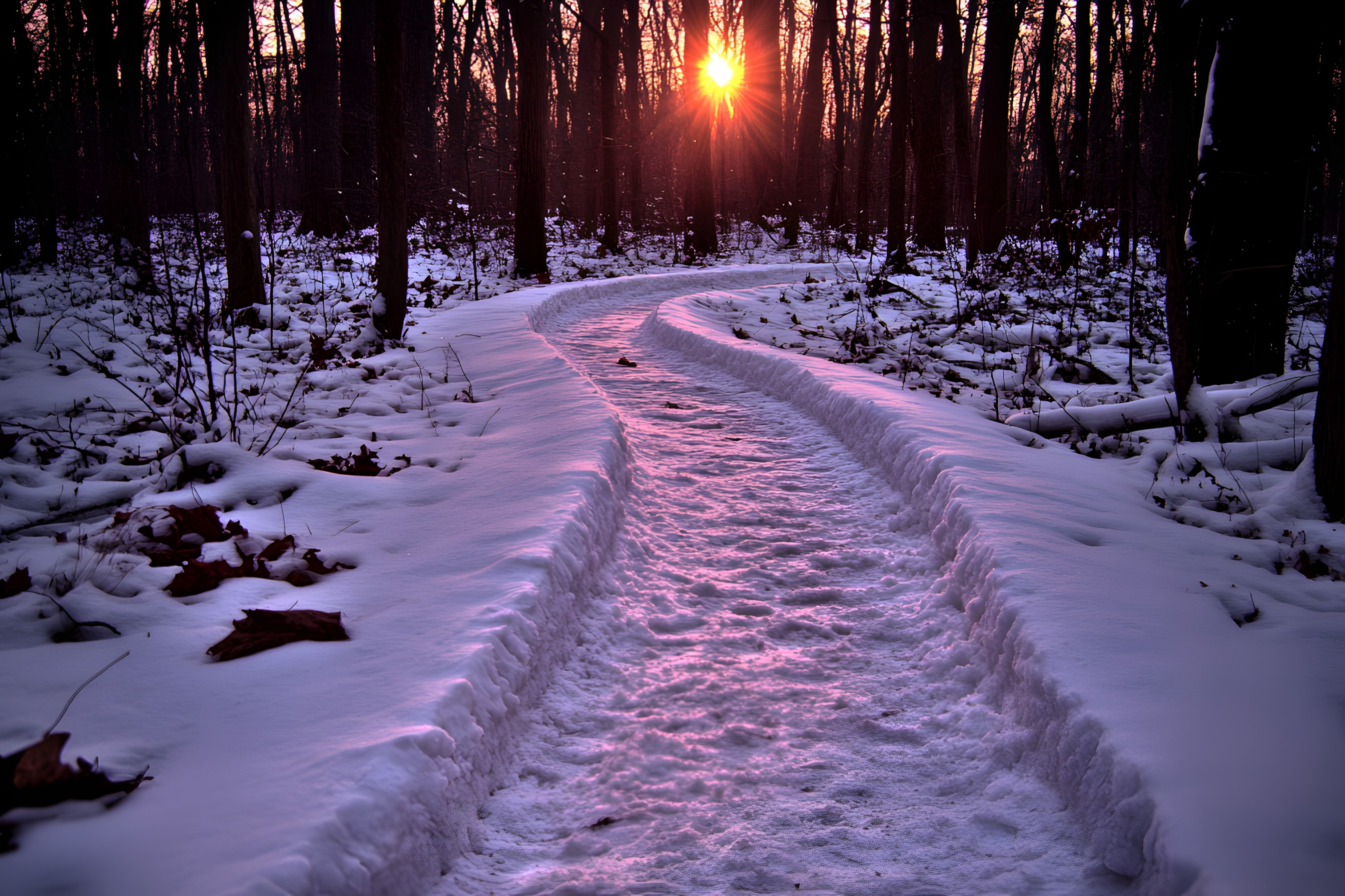 Winter, Snow, Forest, Freezing, geological phenomenon, Trunk, Trail, Woodland, Frost, Sunrise, Evening, Precipitation, Spruce-fir forests, Grove, Old-growth forest, Lens flare, Northern hardwood forest, Shadow, Ice, Path