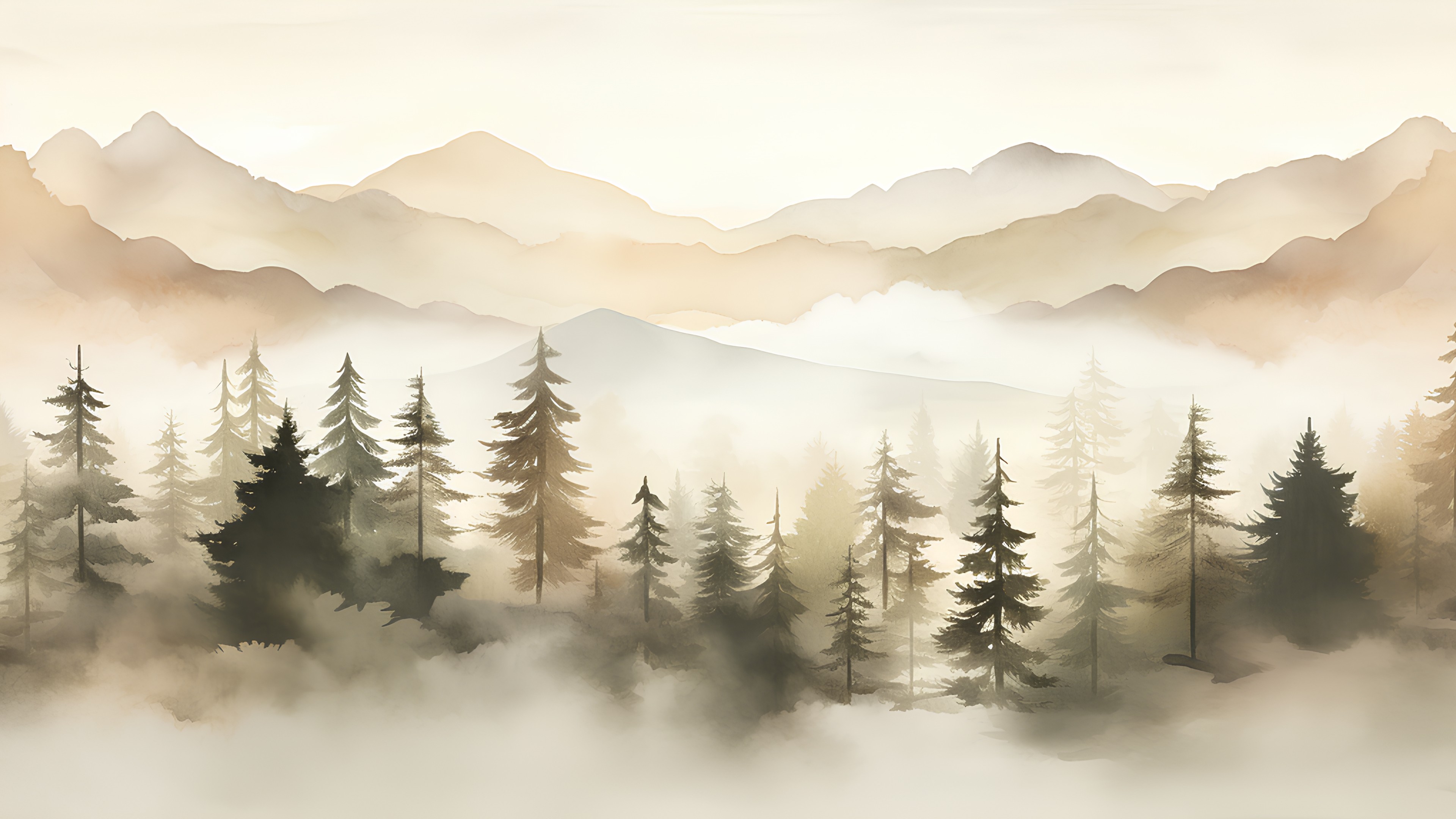 Atmosphere, Mountain, Natural landscape, Sky, World, Fog, Larch, Highland, Tree, Sunlight, Biome, Atmospheric phenomenon, Evergreen, Terrain, Landscape, Woody plant, Slope, Art, Painting, Forest