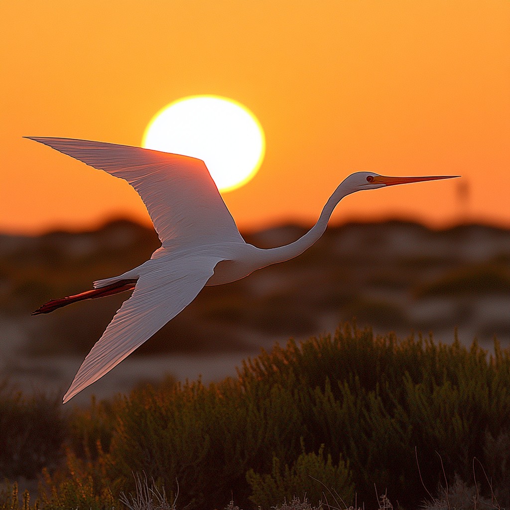 Bird, Sky, Plant, Beak, Dusk, Sunlight, Sunset, Natural landscape, Afterglow, Sunrise, Wing, Grassland, Landscape, Seabird, Wildlife, Water bird, Red sky at morning, Grass, Evening, Horizon