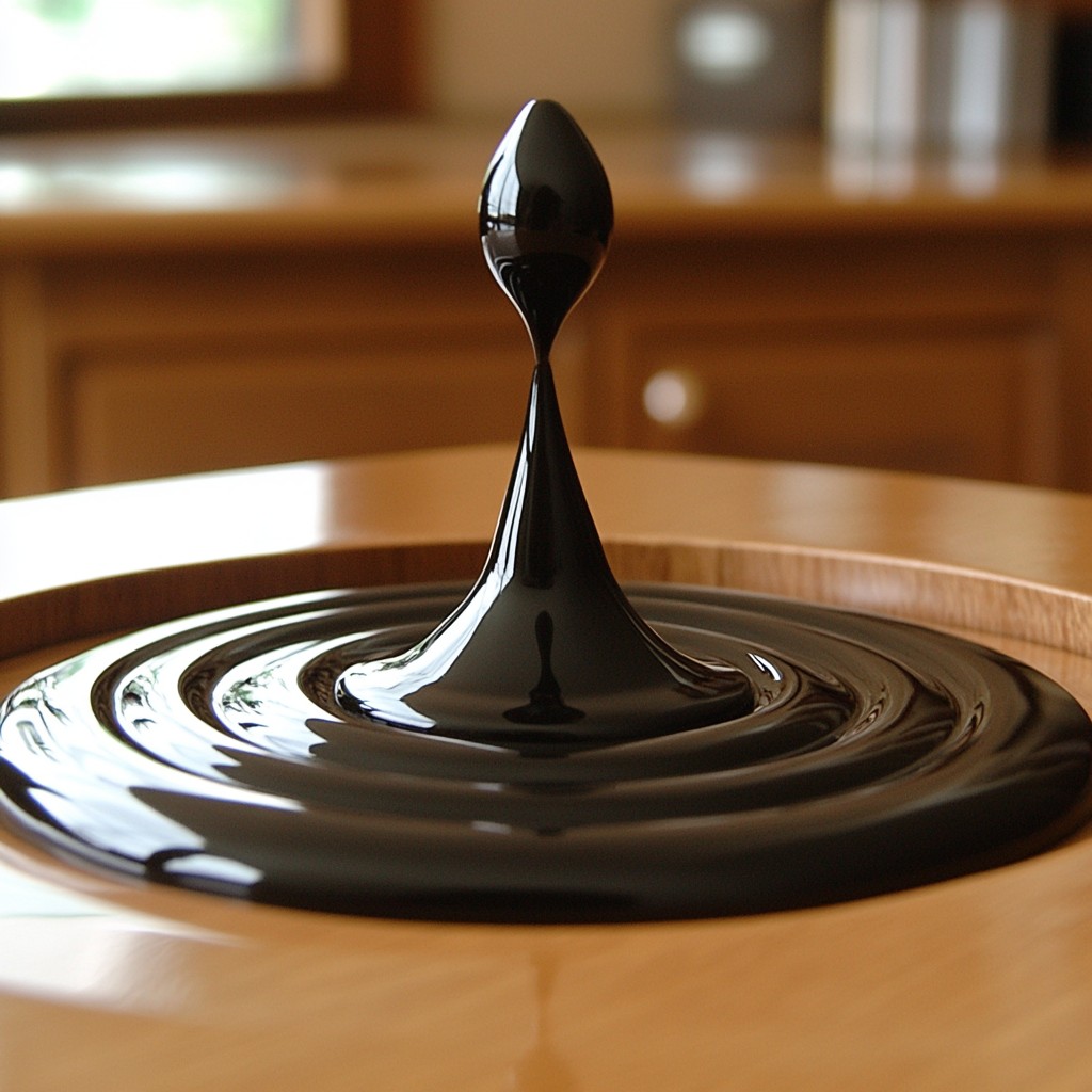 Liquid, Water, Fluid, Wood, Table, Circle, Solvent, Drop, Serveware, Macro photography, Drink, Still life photography, Shadow, Balance, Hardwood, Monochrome, Gloss