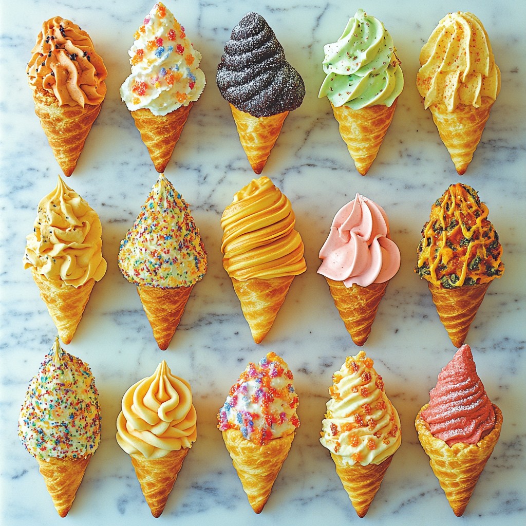 Ice cream cone, Cone, Food, Soft serve, Dessert, Finger food, Ice cream, Recipe, Cream, Icing, Frozen dessert, Dairy product, Baking, Buttercream, Gelato, Fast food, Wafer, Junk food