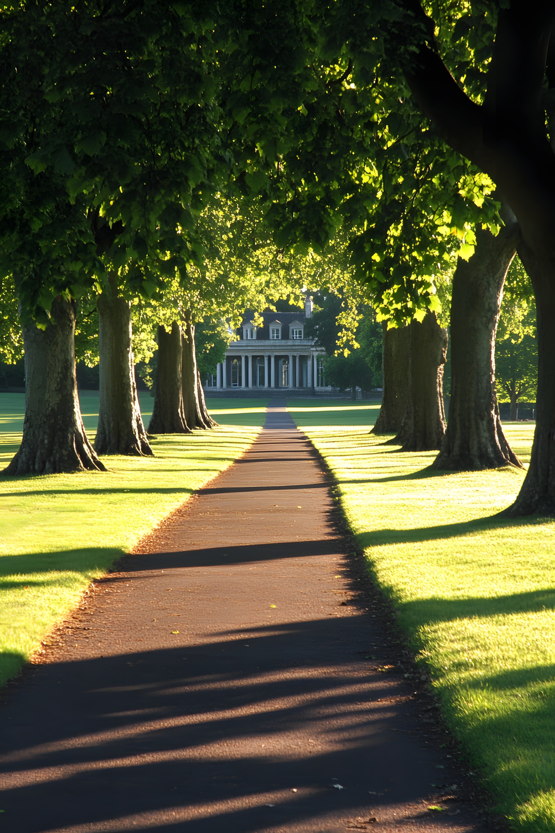 Leaf, Branch, Plain, Trunk, Shade, Twig, Sunlight, Lawn, Shadow, Garden, Mansion, Park, Symmetry, Landscaping, Plantation