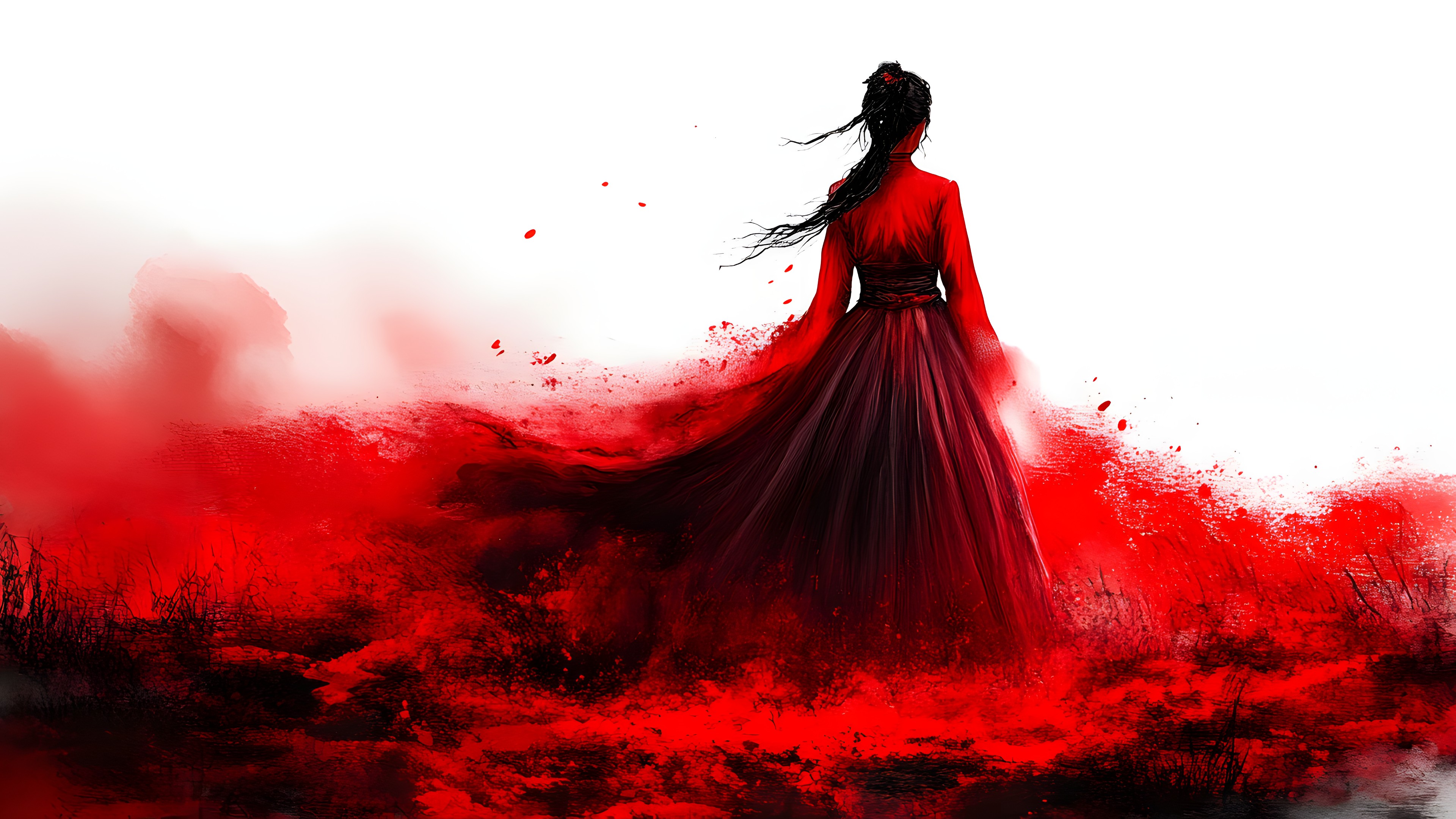 Red, Gown, CG artwork, Costume, Haute couture, Fictional character, Graphics, Wind, Fashion illustration, Animation