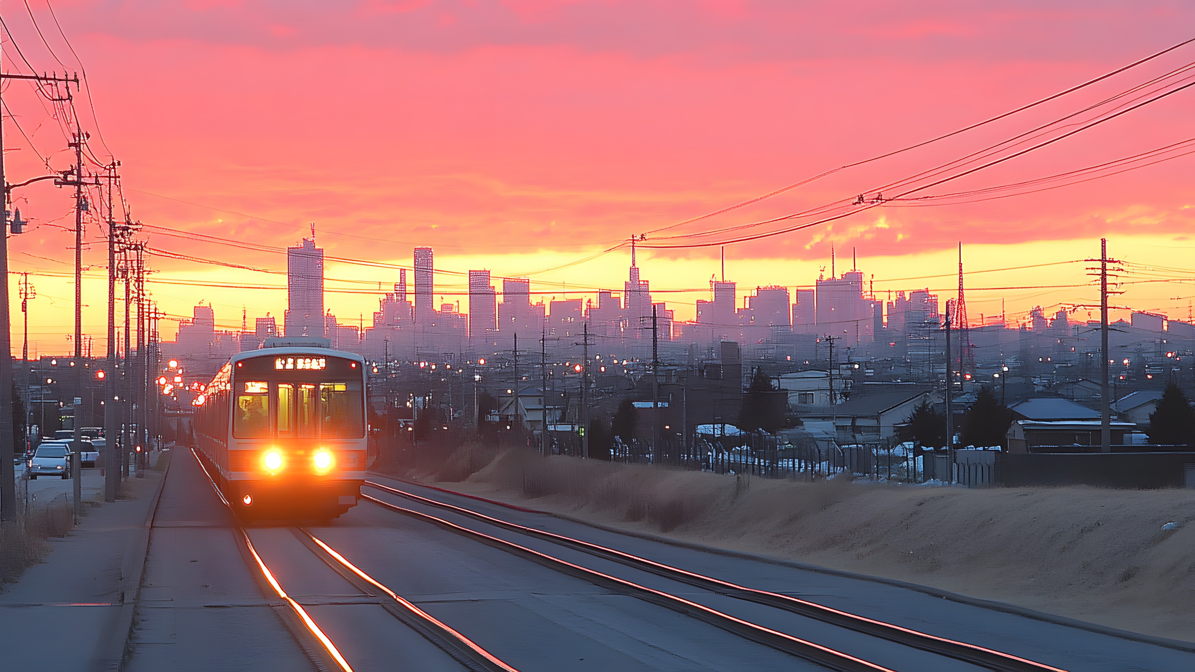 Sky, Afterglow, Urban area, Dusk, Sunset, Horizon, Overhead power line, Electricity, Evening, Metropolitan area, Sunrise, Electrical Supply, Track, Electrical network, Public utility, atmospheric phenomenon, Orange, Urban design, Red sky at morning, Electrical cable