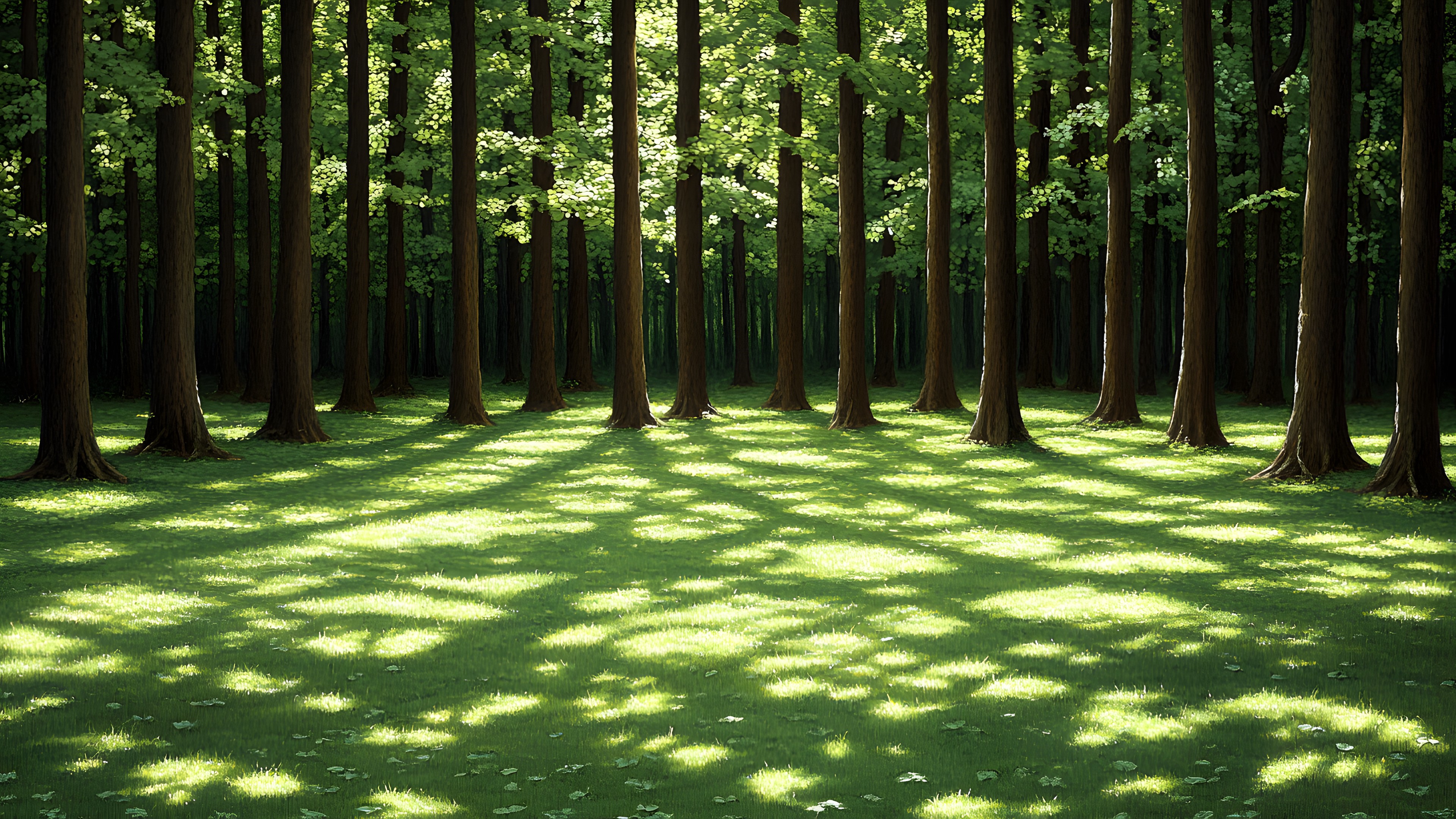 Green, Natural environment, Wood, Forest, Grove, Trunk, Woodland, Grasses, Groundcover, Northern hardwood forest, Woody plant, Shade, Sunlight, Spruce-fir forests, Old-growth forest, Temperate broadleaf and mixed forest, Jungle, Shadow, Plantation, Tropical and subtropical coniferous forests