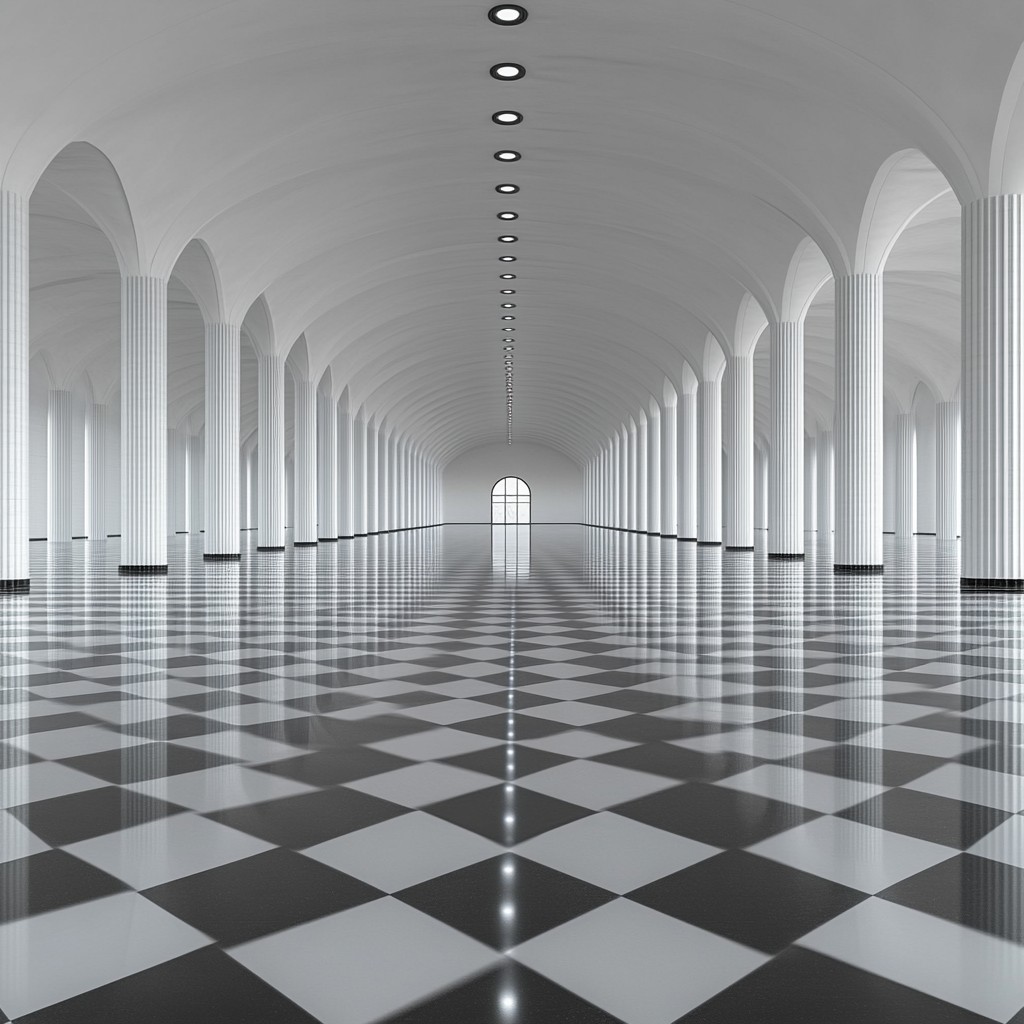 White, Black, Infrastructure, Black-and-white, Flooring, Line, Floor, Symmetry, Tints and shades, Monochrome photography, Pattern, Monochrome, Art, Ceiling, Darkness, Event, Arcade, Shadow, Indoor games and sports, Stock photography