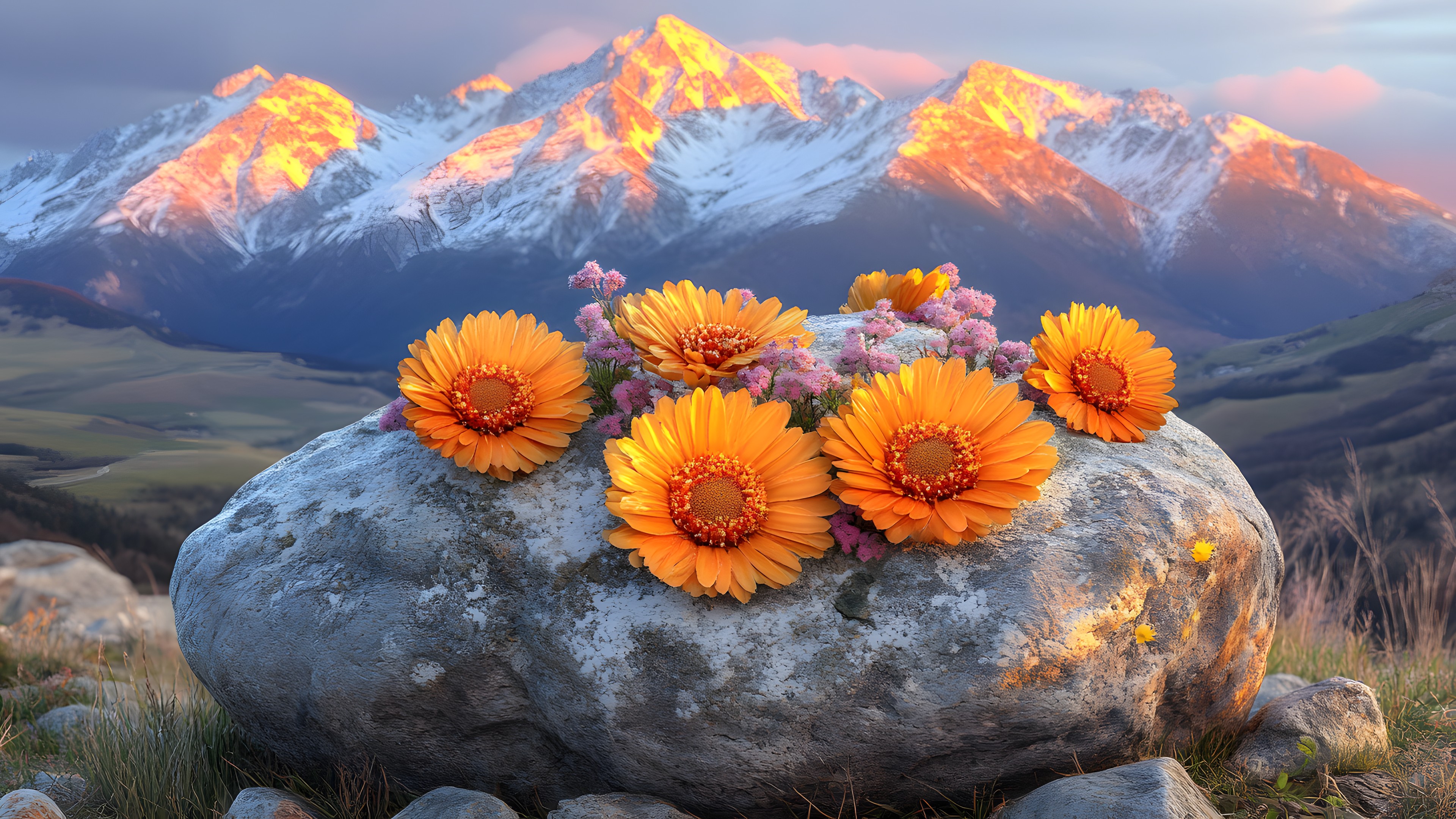 Flower, Mountainous landforms, Mountain, Petal, Yellow, Mountain range, Hill, Ridge, Valley, Summit, Alps, Flowering plant, Glacial landform, Hill station, Massif, Wildflower, Glacier, Herbaceous plant, Sunrise, Arête