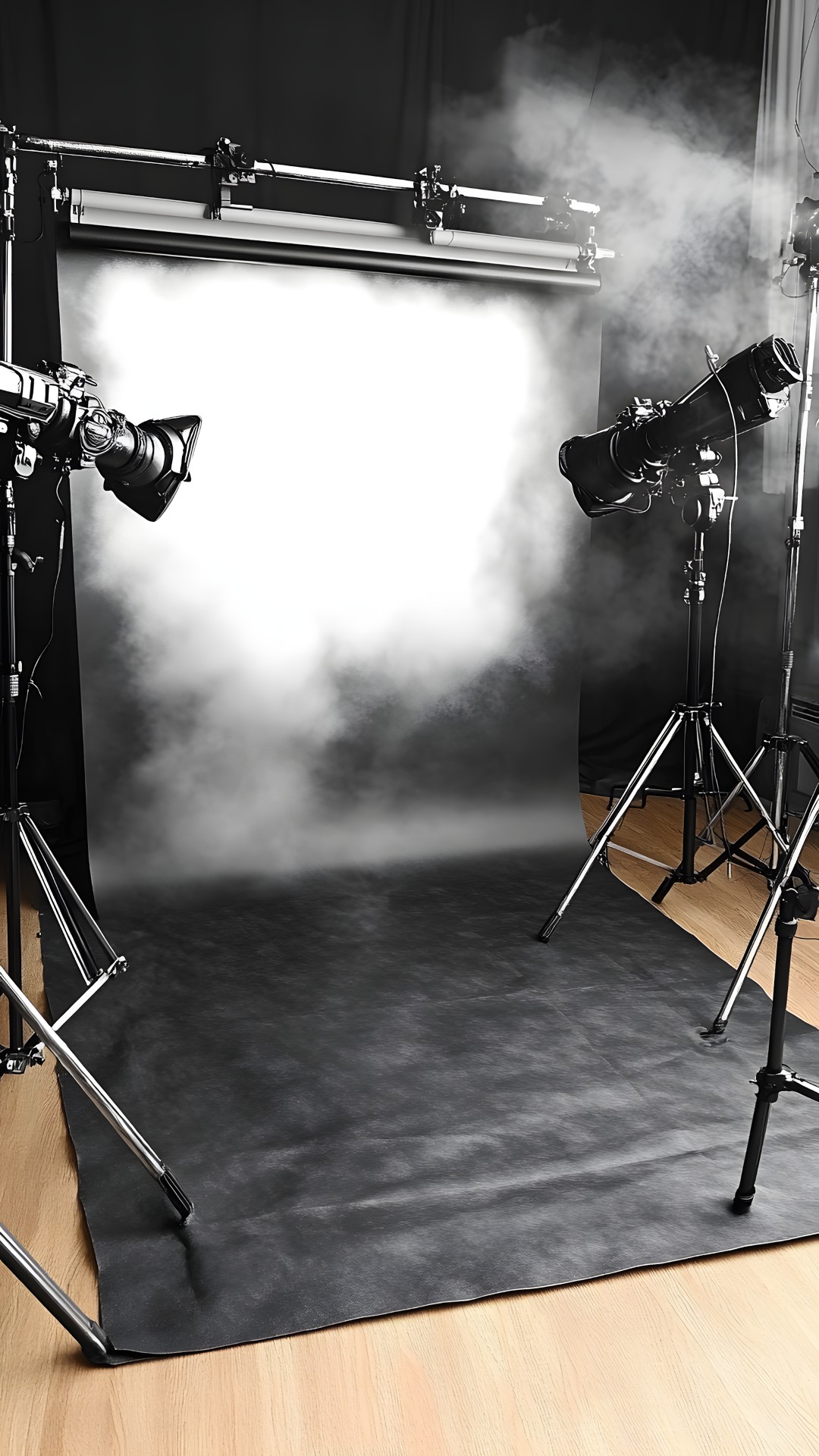 Flooring, Studio, Floor, Film studio, Black and white, Tripod, Flash, Monochrome, Still life photography, Cameras & optics, Video Camera Light, Filmmaking