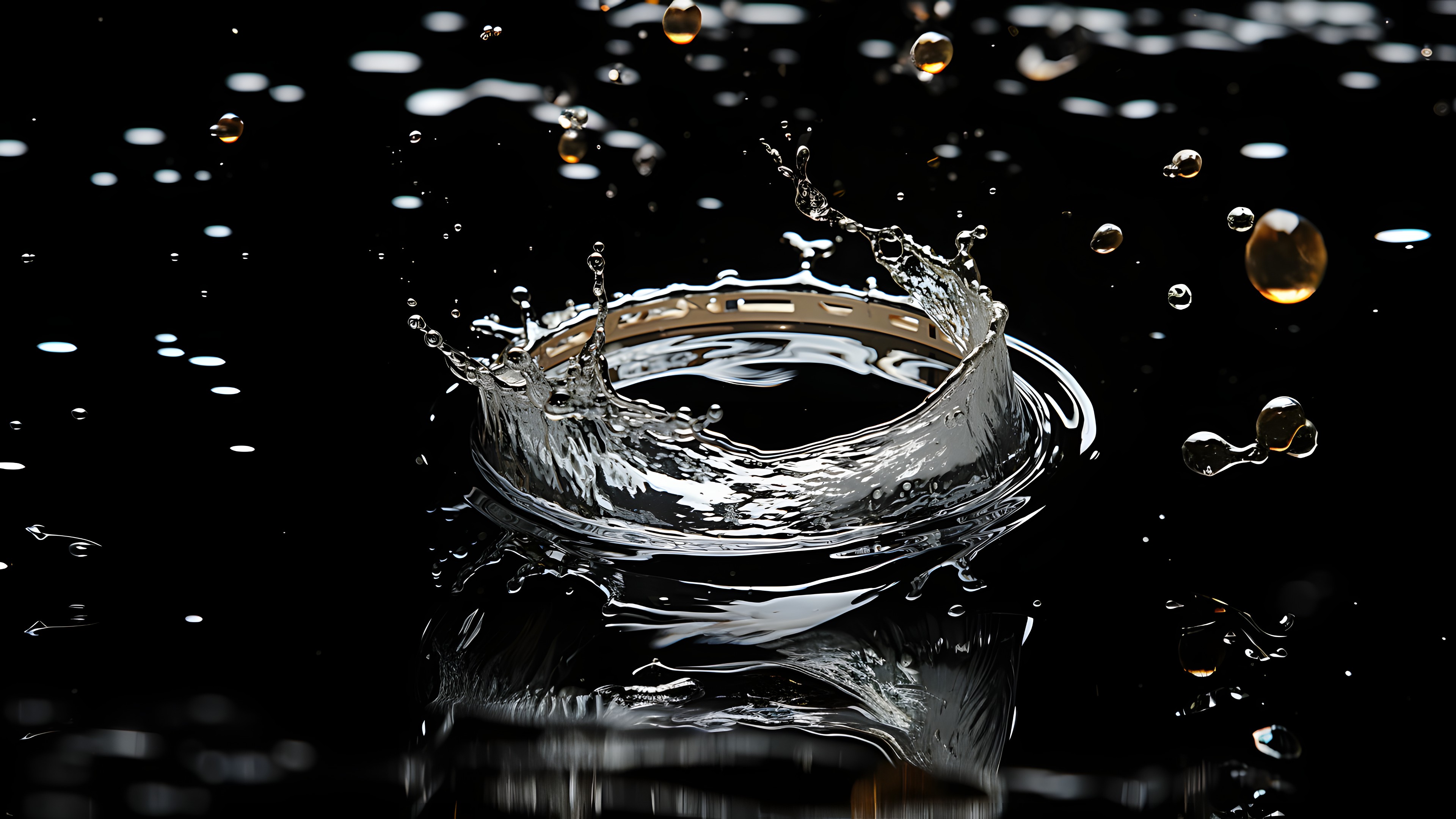 Water, Liquid, Fluid, Font, Flash photography, Art, Circle, Drop, Moisture, Drink, Solvent, Close-up, Macro photography, Darkness, Glass, Monochrome, Monochrome photography, Dew, Transparent material, Event