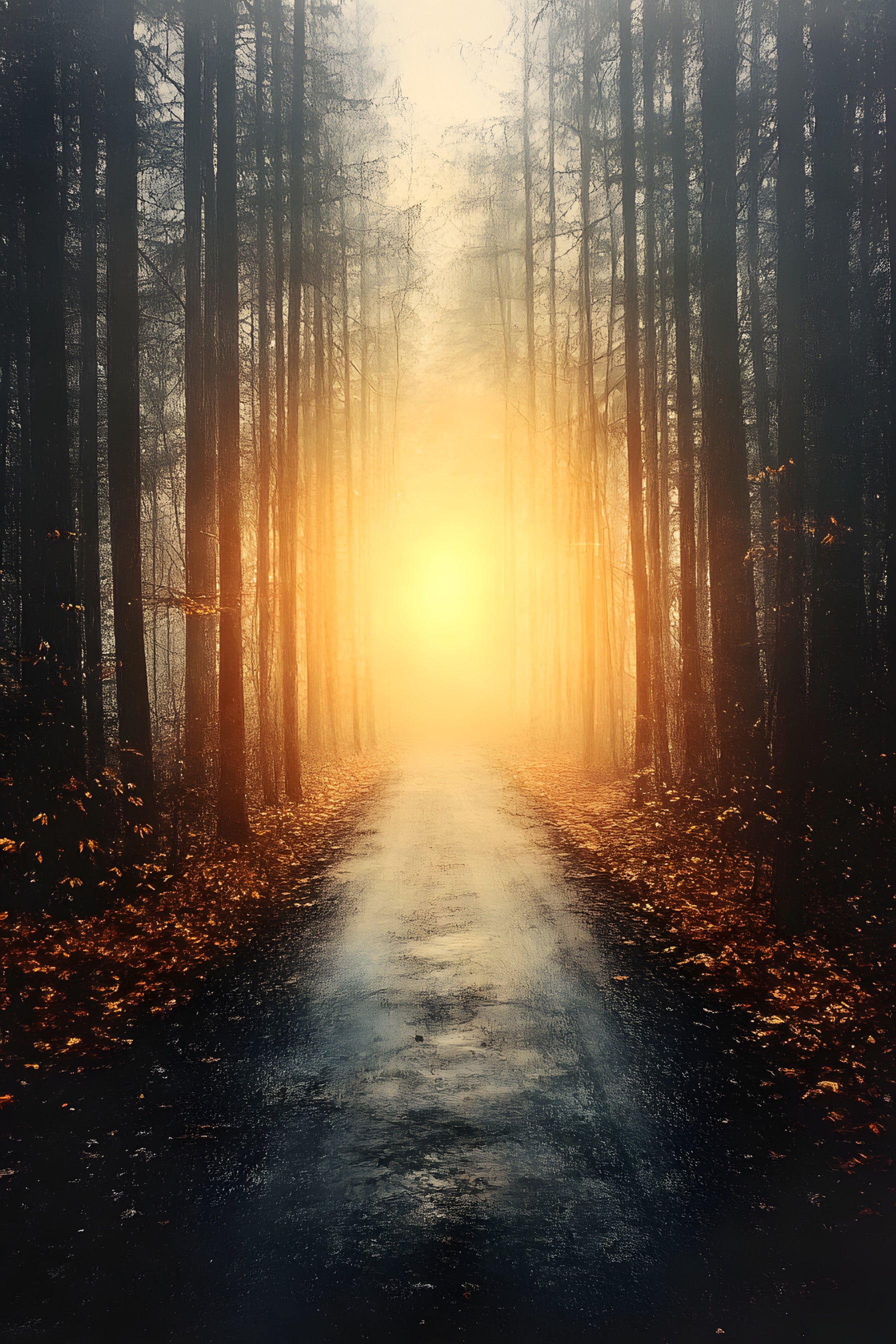 Nature, atmospheric phenomenon, Natural landscape, Road, Sunrise, Sun, Forest, Brown, Fog, Orange, Mist, Sunlight, Heat, Morning, Evening, Lens flare, Woodland, Astronomical object, Trail, Backlighting