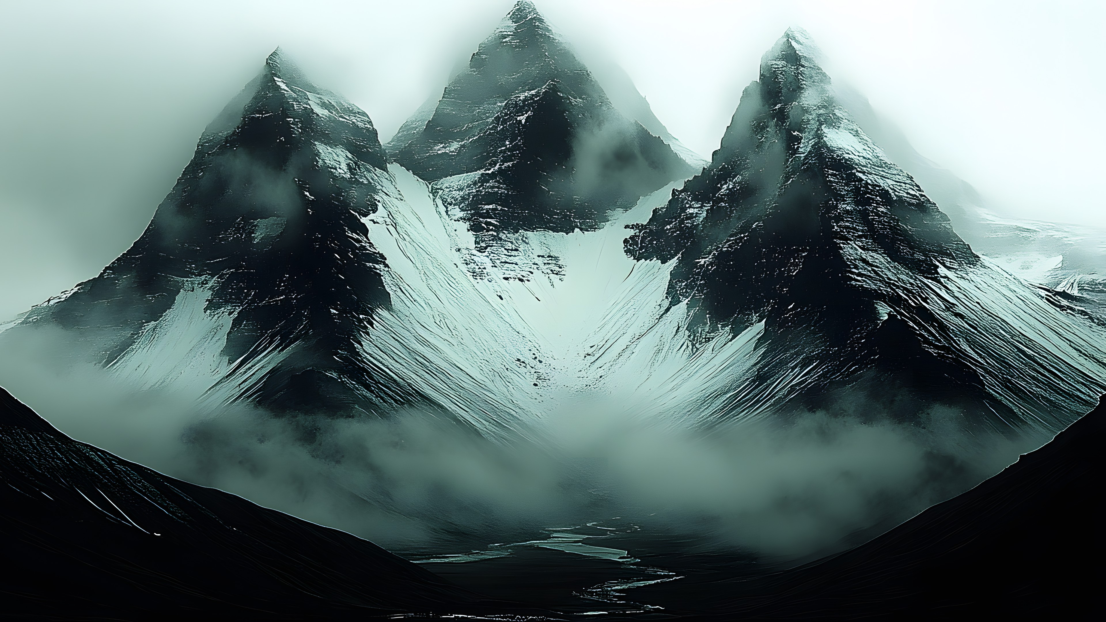 Mountain, Mountainous landforms, atmospheric phenomenon, Snow, Mountain range, Winter, Cloud, Monochrome photography, Glacial landform, Highland, Wilderness, geological phenomenon, Ridge, Summit, Nunatak, Alps, Glacier, Black and white, Fog, Mist