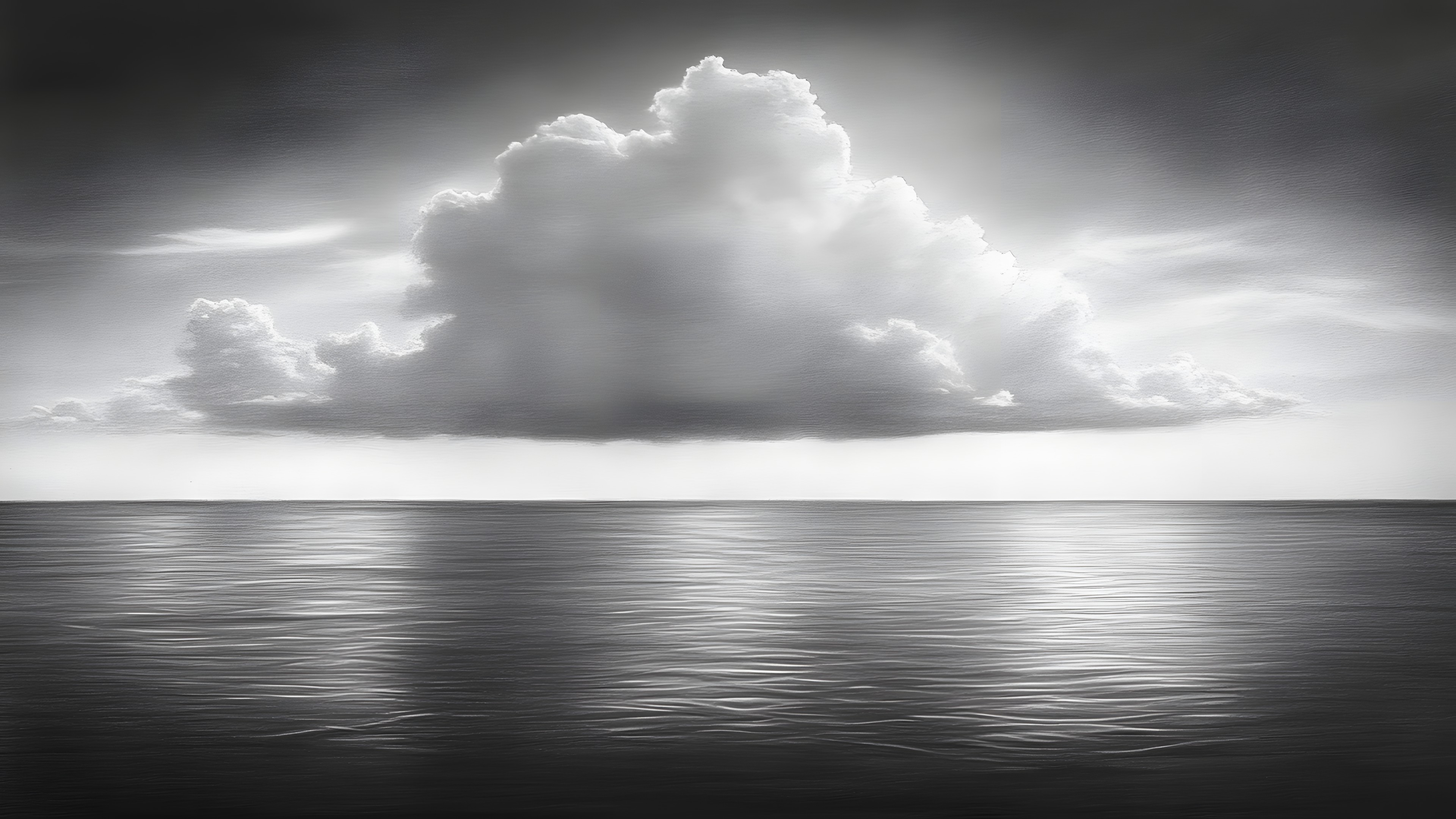 Cloud, Photograph, Monochrome photography, White, Cumulus, Horizon, Fluid, Sea, Liquid, Black, Meteorological phenomenon, Black and white, Ocean, Monochrome, Grey, Silver, Wind, Wind wave, Reflection, Still life photography