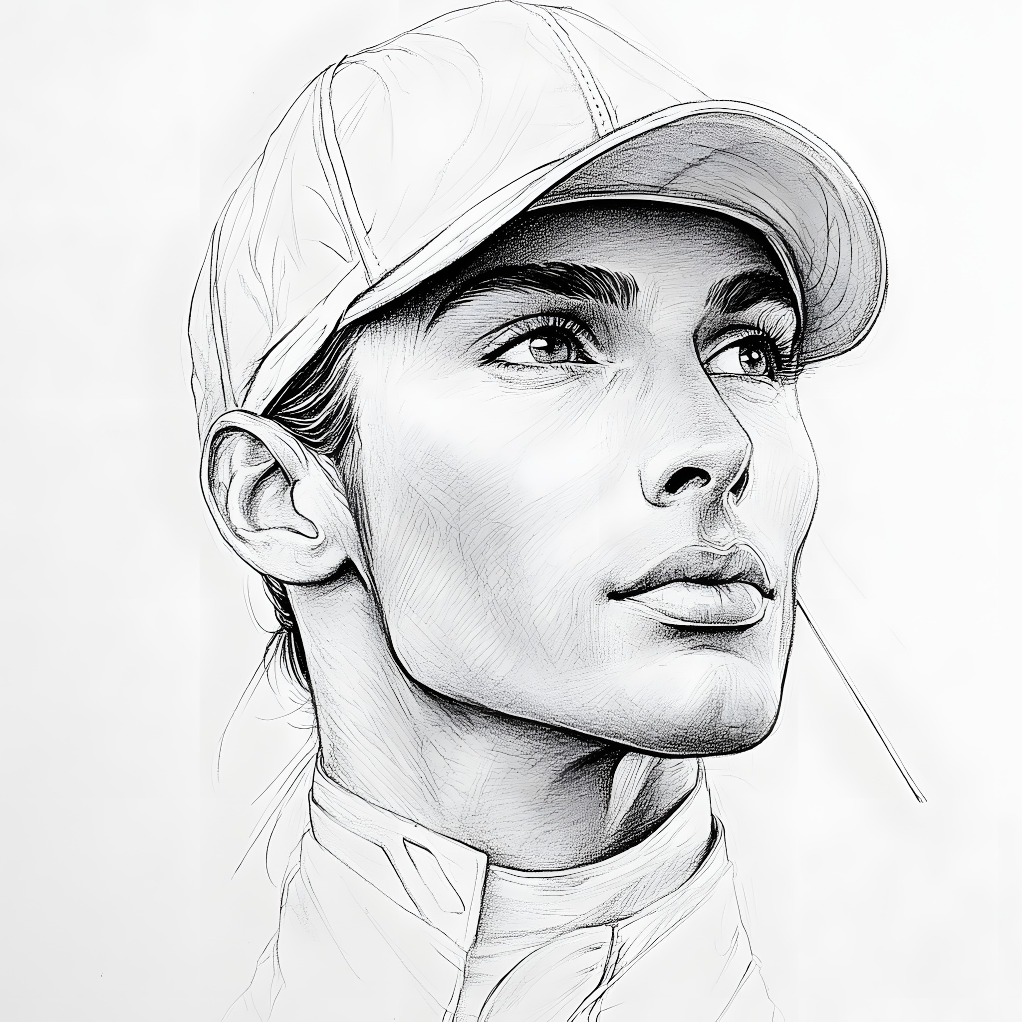 Jaw, Neck, Facial expression, Headgear, Drawing, Cap, Sketch, Portrait, Self-portrait, Line art, No expression, Fashion illustration, Throat, Graphics, Portrait photography