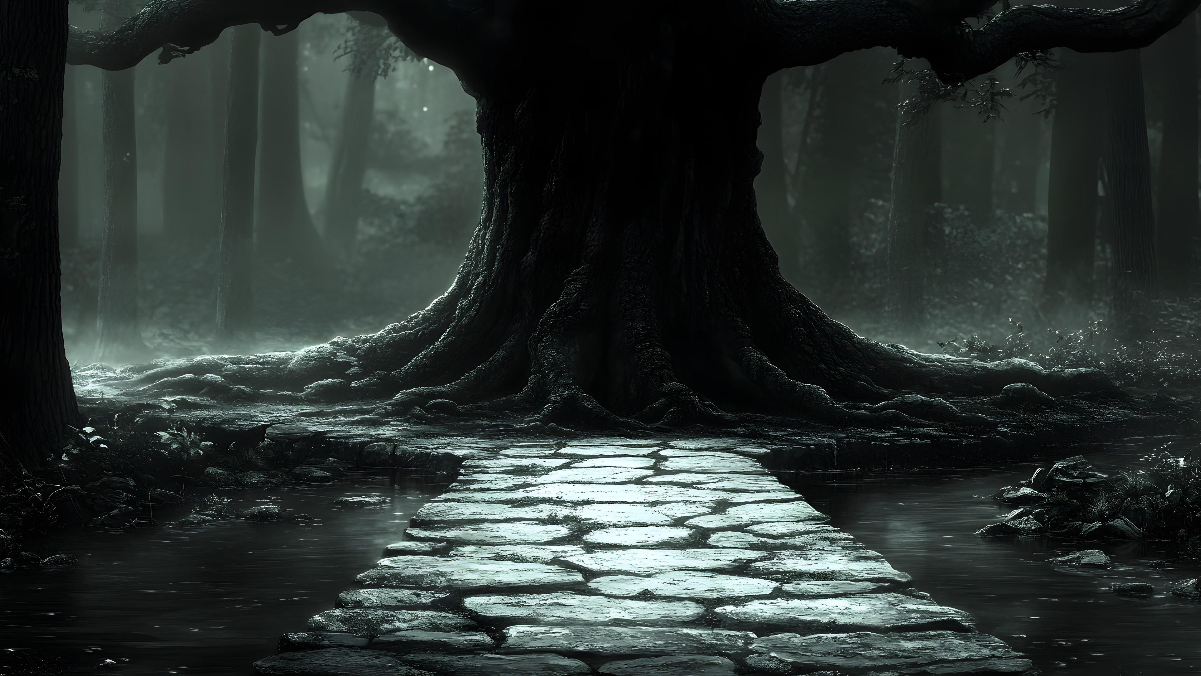 atmospheric phenomenon, Forest, Trunk, Darkness, Woody plant, Night, Mist, Old-growth forest, Woodland, Fog, Haze