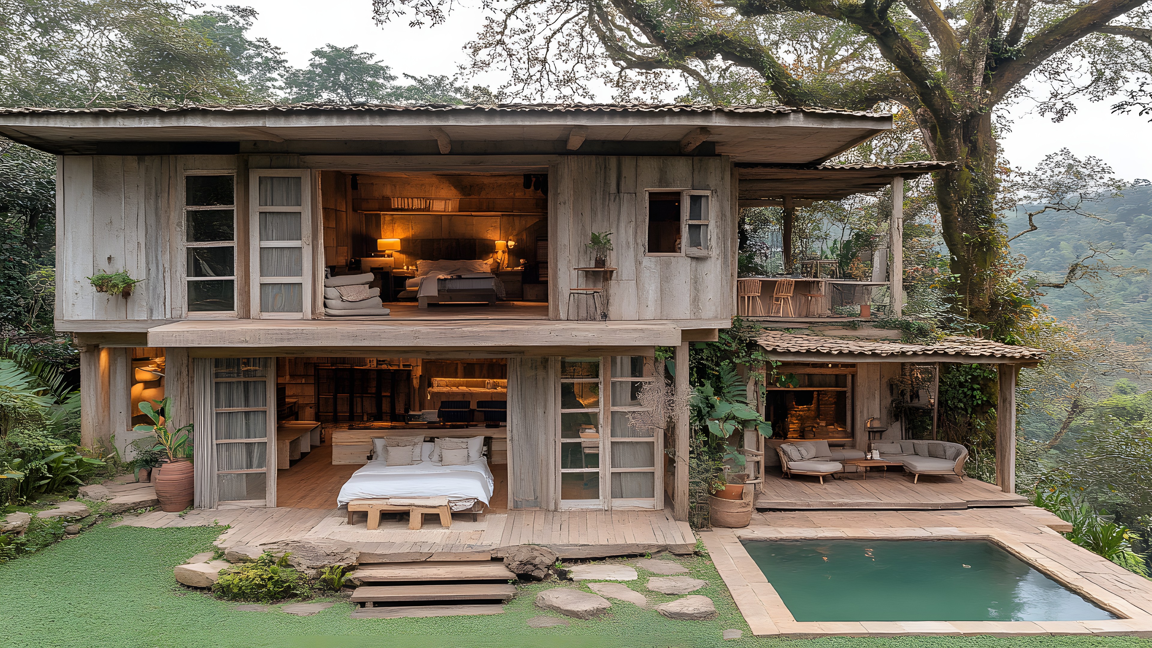 Building, Plant, Property, Window, House, Wood, Tree, Door, Porch, Cottage, Interior design, Sky, Residential area, Grass, Siding, Real estate, Roof, Landscape, Facade, Shade