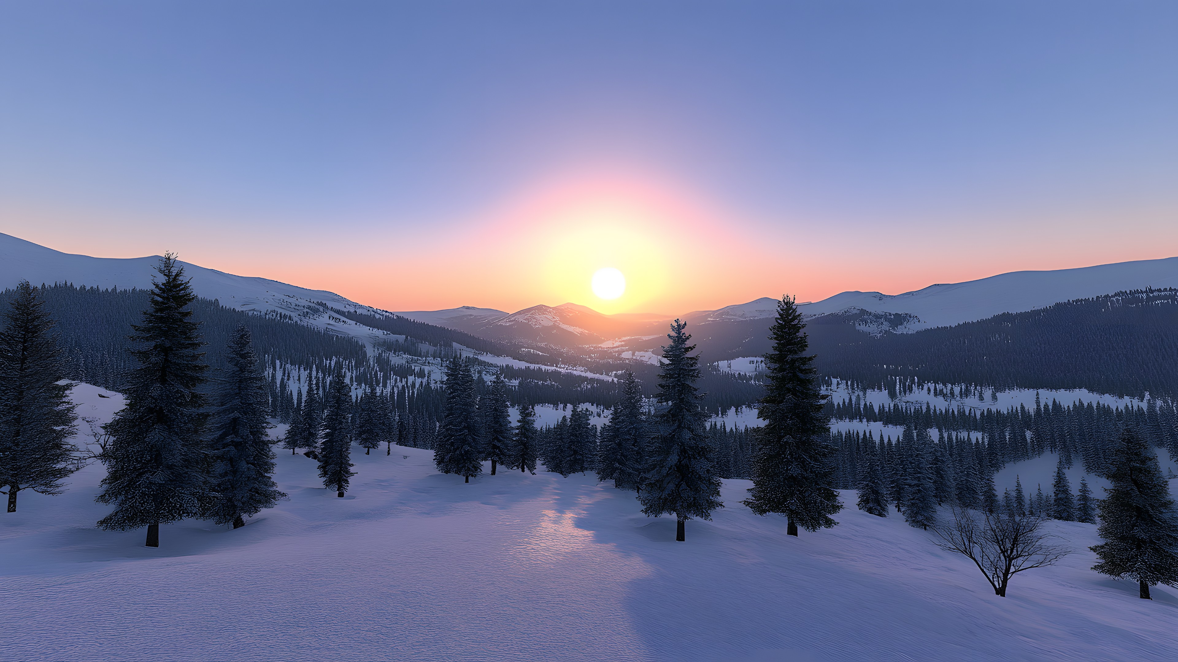 Sky, Mountainous landforms, Mountain, Winter, Snow, Sunrise, Wilderness, Hill, Mountain range, Afterglow, Highland, Landscape, Sunset, Hill station, Terrain, geological phenomenon, Freezing, Forest, Dusk, Ridge