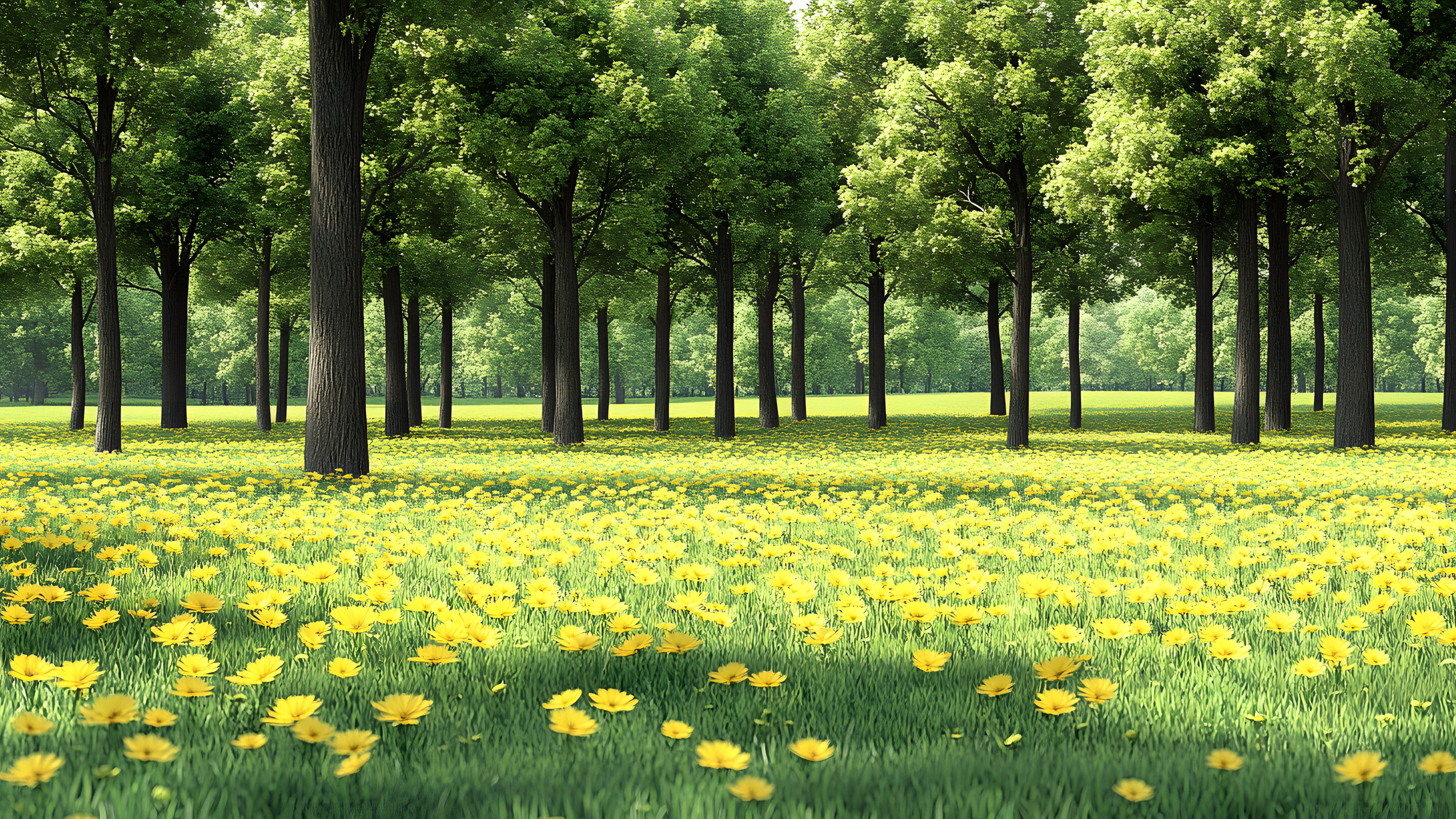 Green, Nature, Natural environment, Yellow, Vegetation, Spring, Grasses, Grove, Meadow, Field, Woody plant, Trunk, Sunlight, Plantation, Garden, Woodland, Herbaceous plant, Wildflower, Park, Landscaping