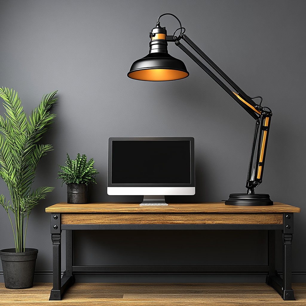 Furniture, Writing desk, Lamp, Desk, Design, Still life photography, Houseplant, Computer desk, Lampshade