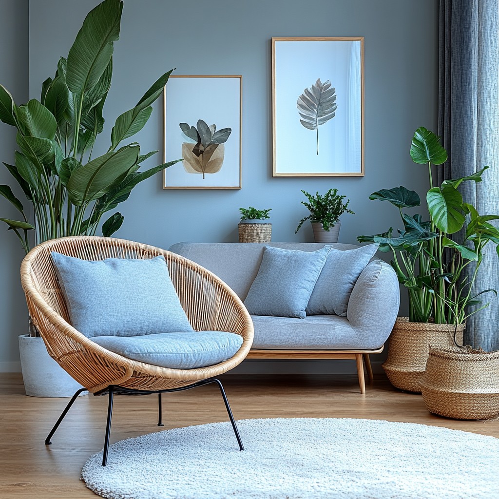 Furniture, Interior design, Cushion, Throw pillow, Living room, Couch, Pillow, Comfort, Natural material, Flowerpot, Daybed, Houseplant, Picture frame, Chair, Coffee table, Wicker, Palm trees, Armrest, Wood flooring, Den