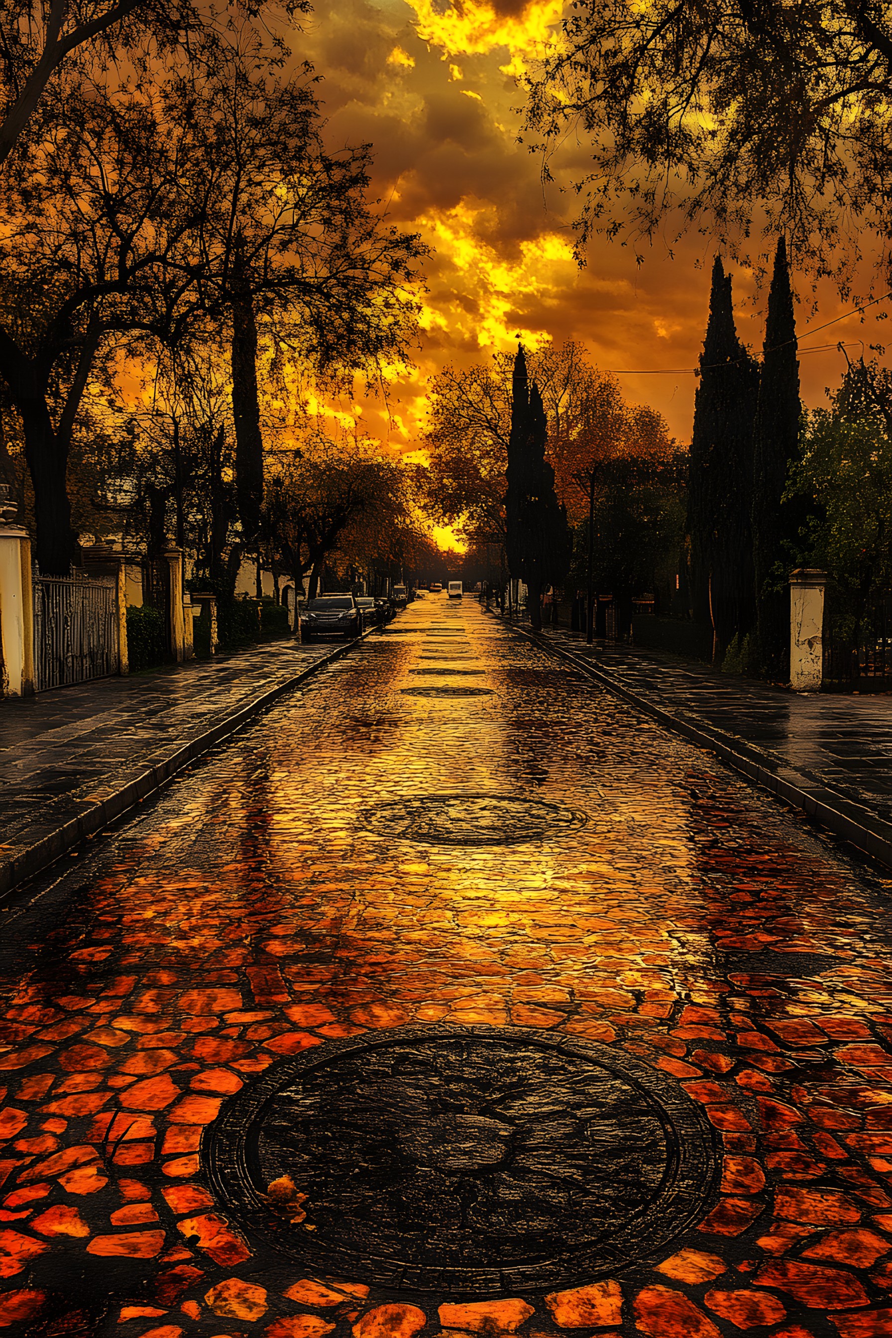 Yellow, Orange, Evening, Cobblestone, Sunlight, Dusk, Walkway, Sunset, Afterglow, Sunrise, Night, Alley, Autumn, Shadow, Path, Heat