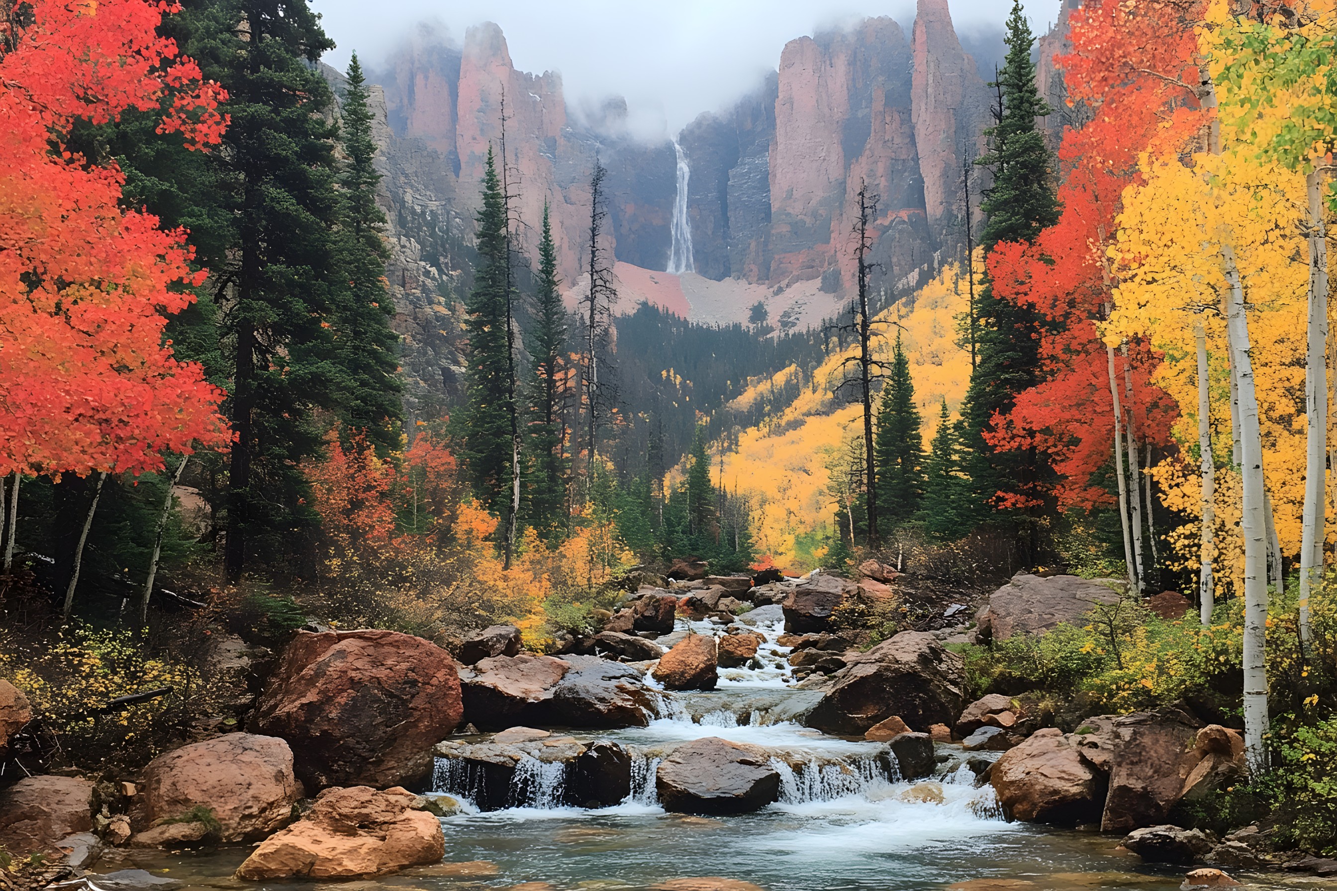 Nature, Mountainous landforms, Natural landscape, Mountain, Wilderness, Forest, Rock, Valley, Temperate broadleaf and mixed forest, Autumn, Nature reserve, Northern hardwood forest, Larch, Stream, Old-growth forest, Mountain range, Spruce-fir forests, Tropical and subtropical coniferous forests, Valdivian temperate rain forest, Woodland